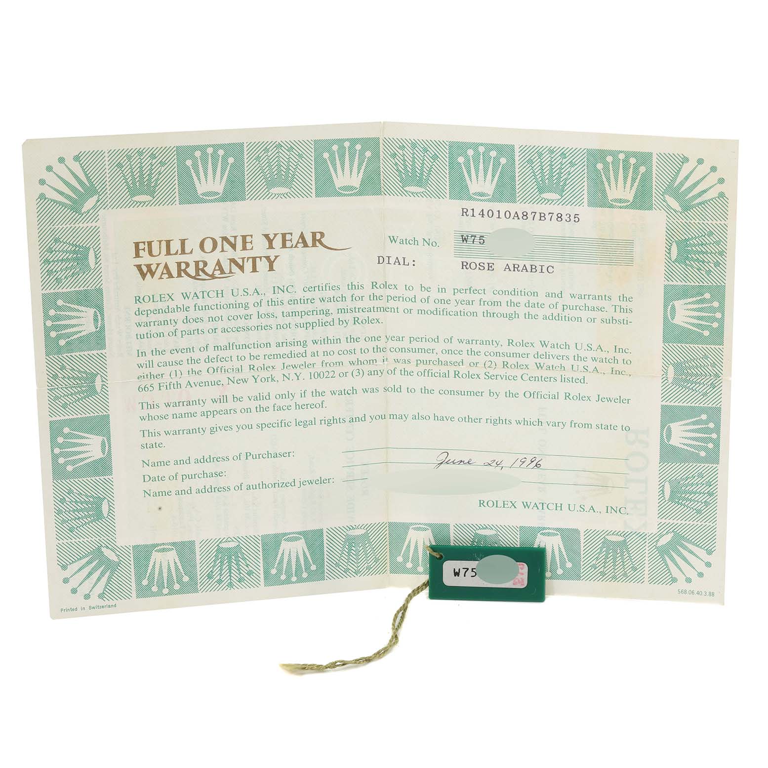 The image shows the warranty certificate and a green tag for the Rolex Air-King 14010 Men's Stainless Steel Black Dial 14010 Men's Stainless Steel Black Dial model.