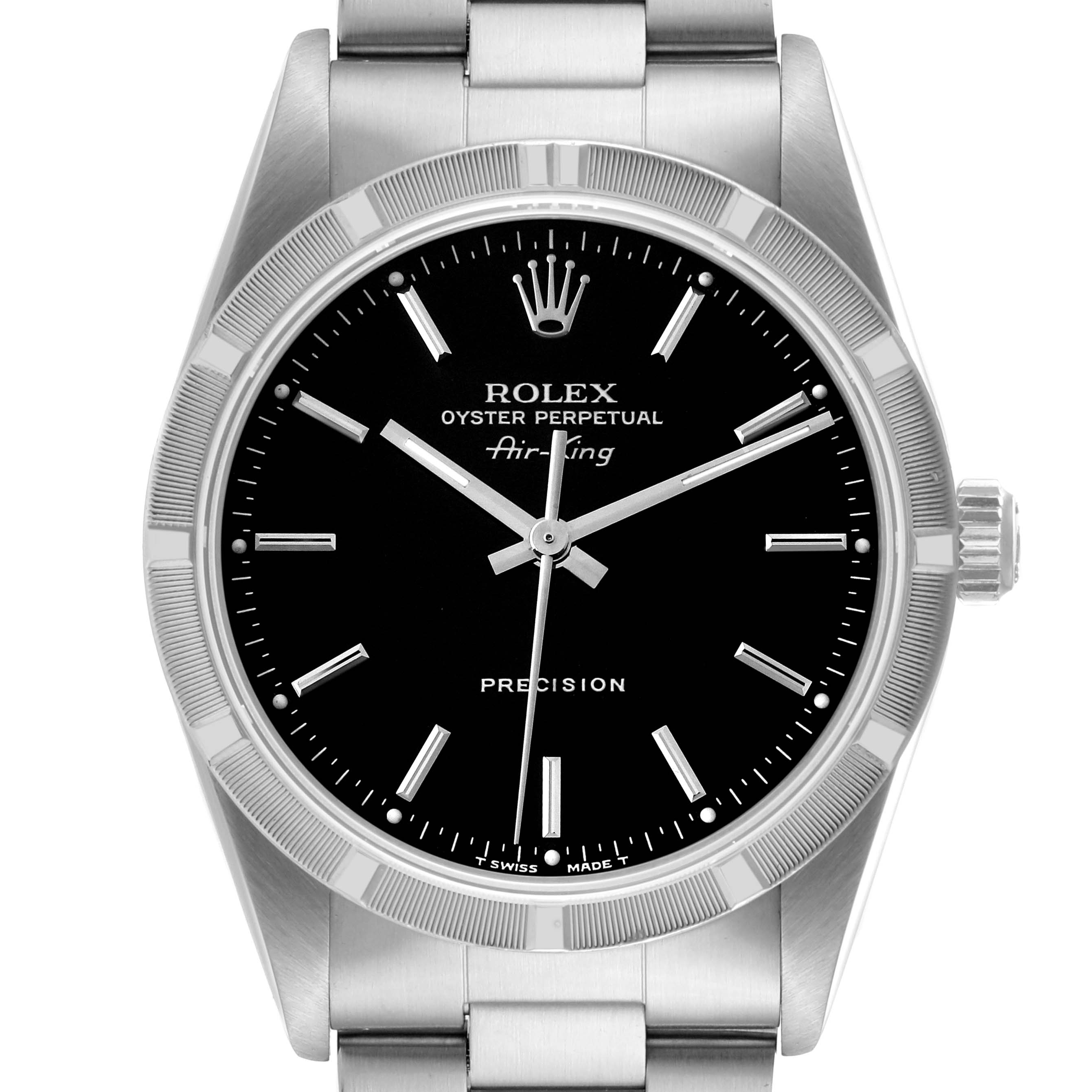 This image shows a front view of the Rolex Air-King 14010 Men's Stainless Steel Black Dial 14010 Men's Stainless Steel Black Dial watch displaying its face, bezel, crown, and part of its stainless steel bracelet.