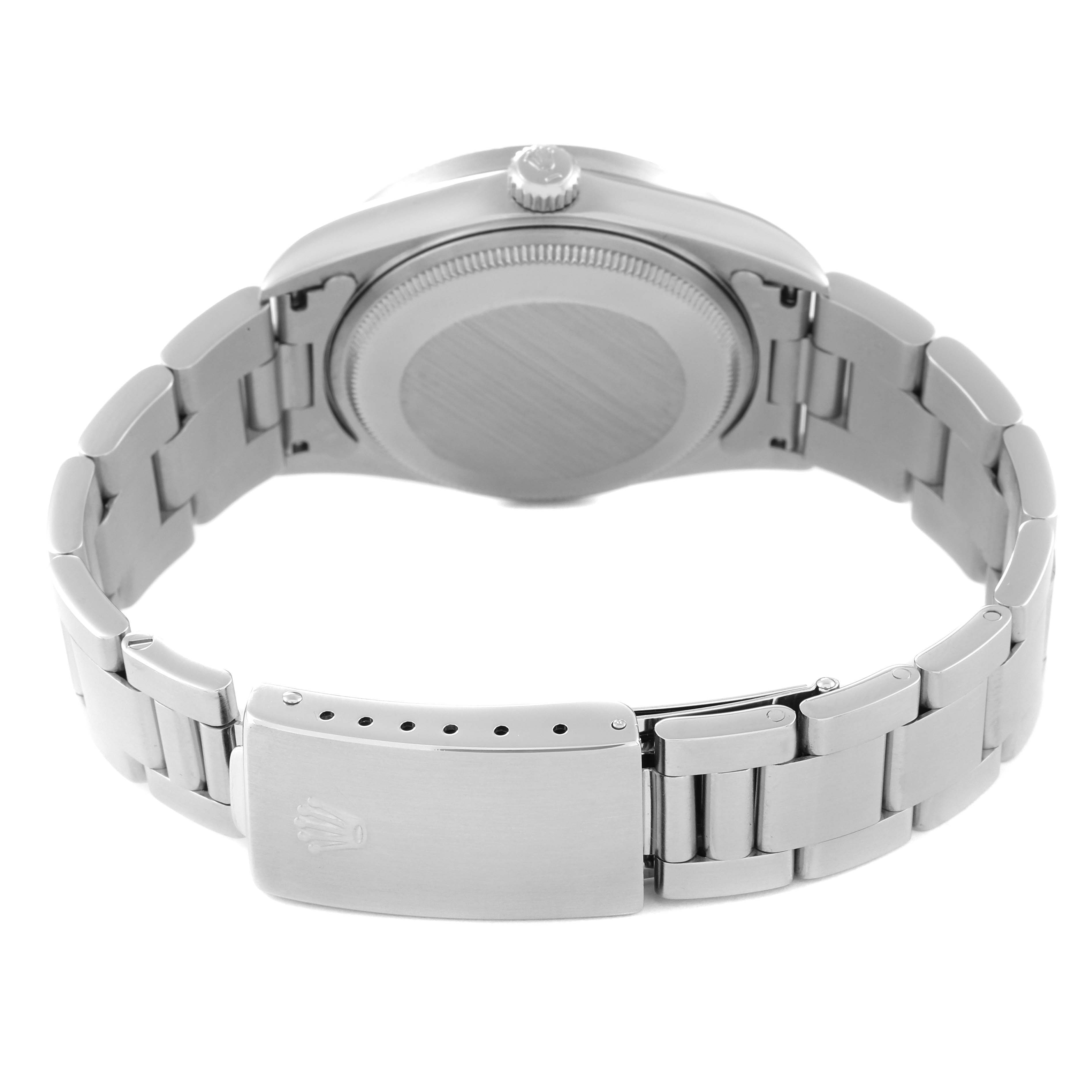 This image shows the backside and the clasp of a Rolex Air-King 14010 Men's Stainless Steel Black Dial 14010 Men's Stainless Steel Black Dial watch, highlighting its stainless steel bracelet and case.