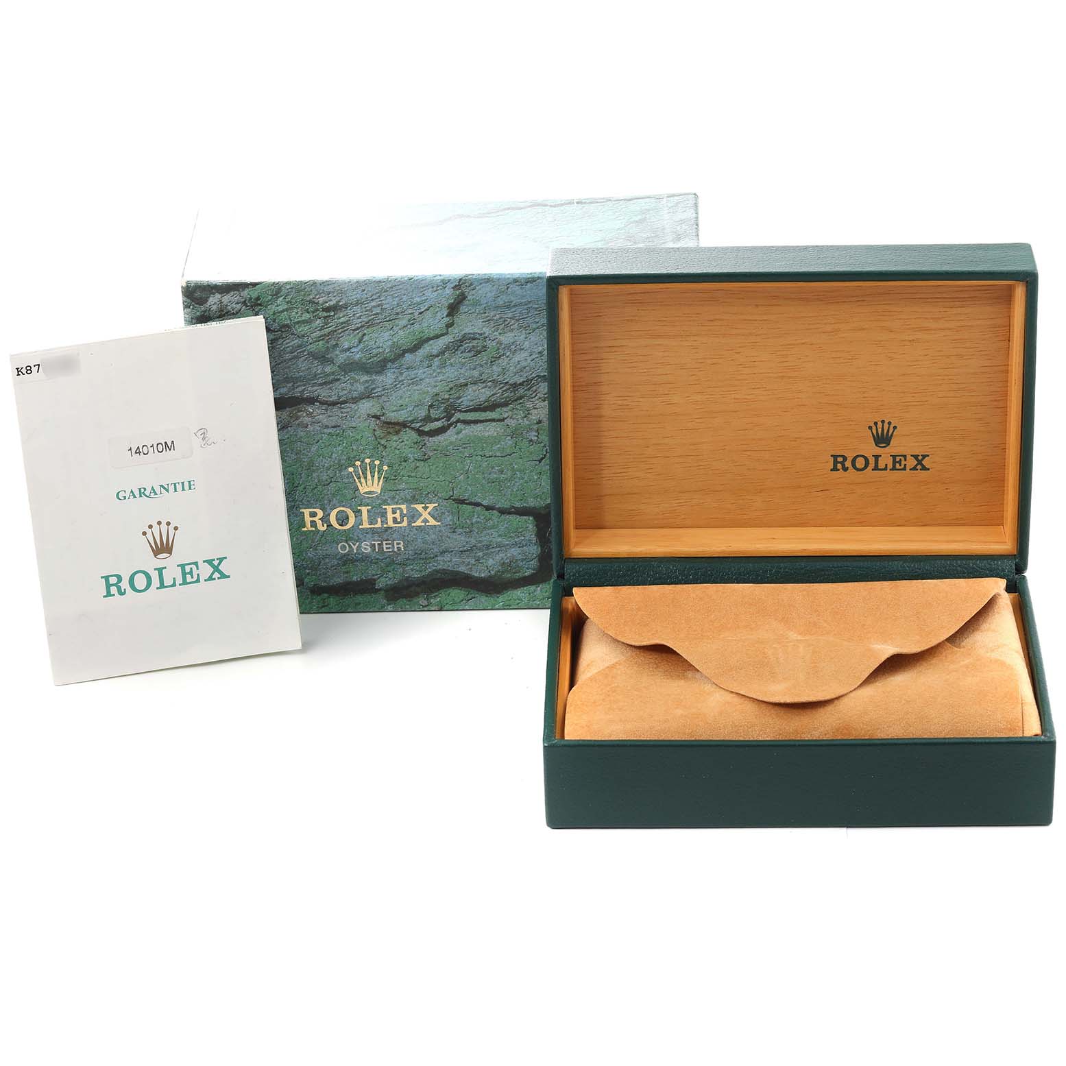 The image shows the open box and warranty card for the Rolex Air-King 14010 Men's Stainless Steel Black Dial 14010 Men's Stainless Steel Black Dial, with the box lid revealing the Rolex logo.