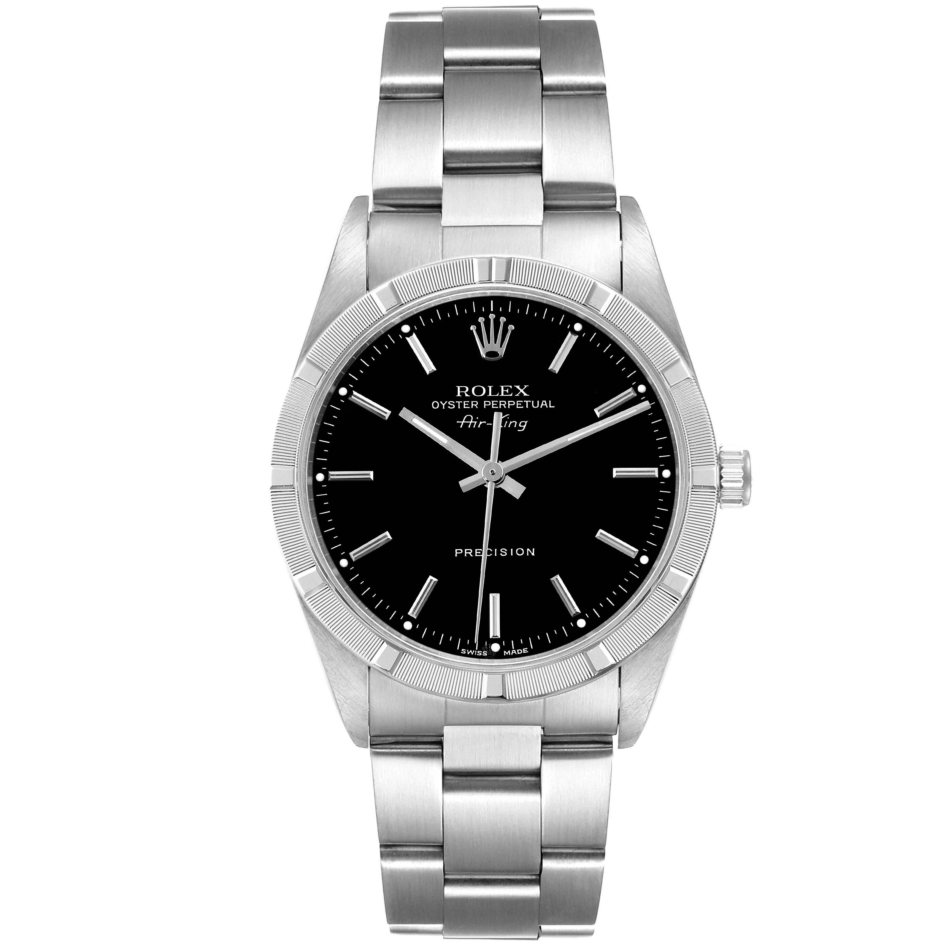 This image shows the front view of a Rolex Air-King 14010 Men's Stainless Steel Black Dial 14010 Men's Stainless Steel Black Dial watch, displaying the dial, hands, bezel, crown, and the bracelet.