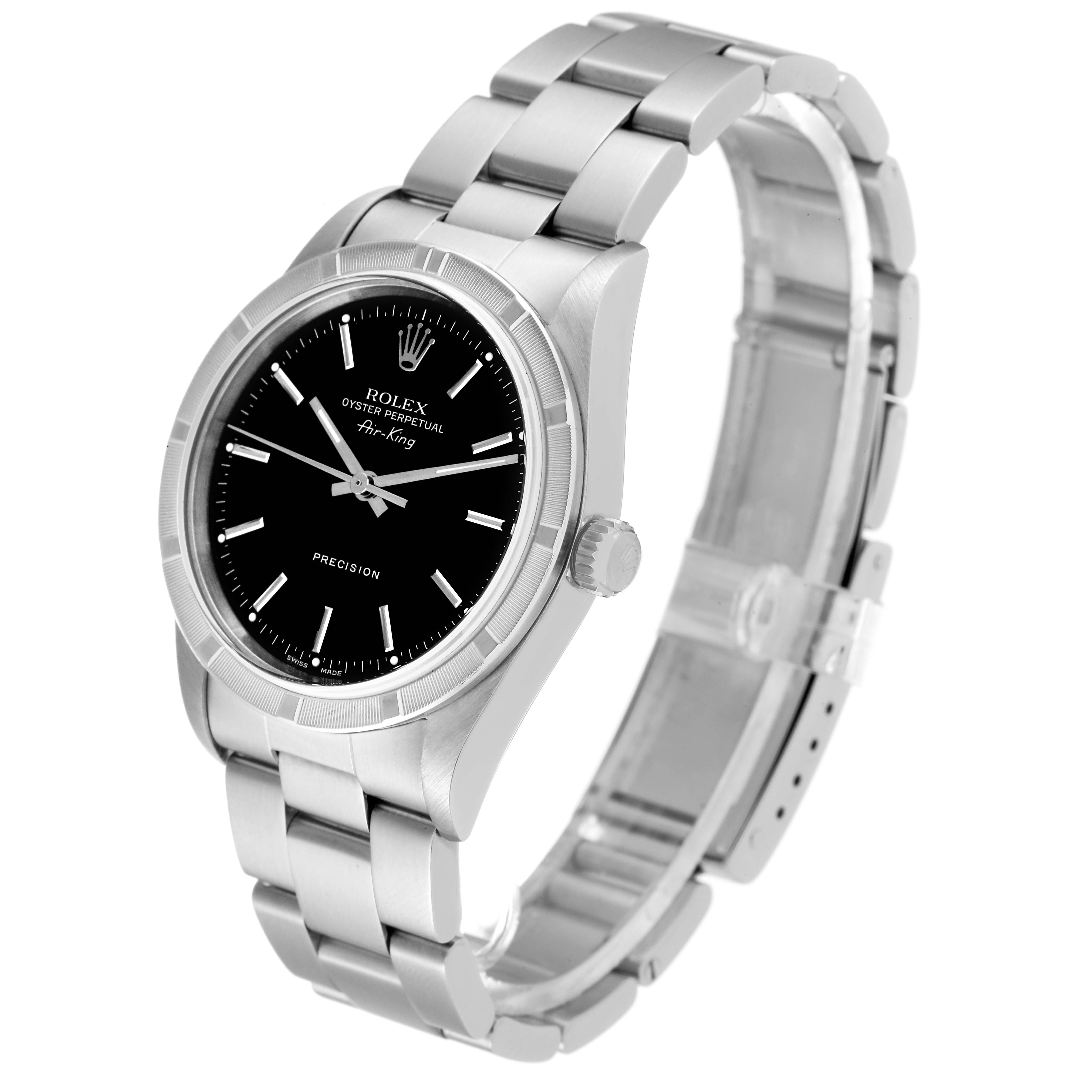 The image shows a Rolex Air-King 14010 Men's Stainless Steel Black Dial 14010 Men's Stainless Steel Black Dial watch from a front angle, displaying its dial, bezel, crown, and bracelet.