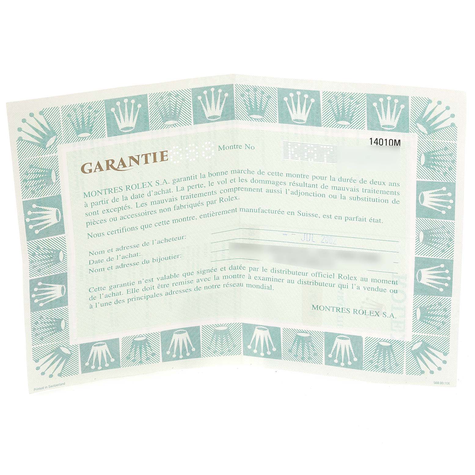 The image shows the warranty certificate for the Rolex Air-King 14010 Men's Stainless Steel Black Dial 14010 Men's Stainless Steel Black Dial watch.