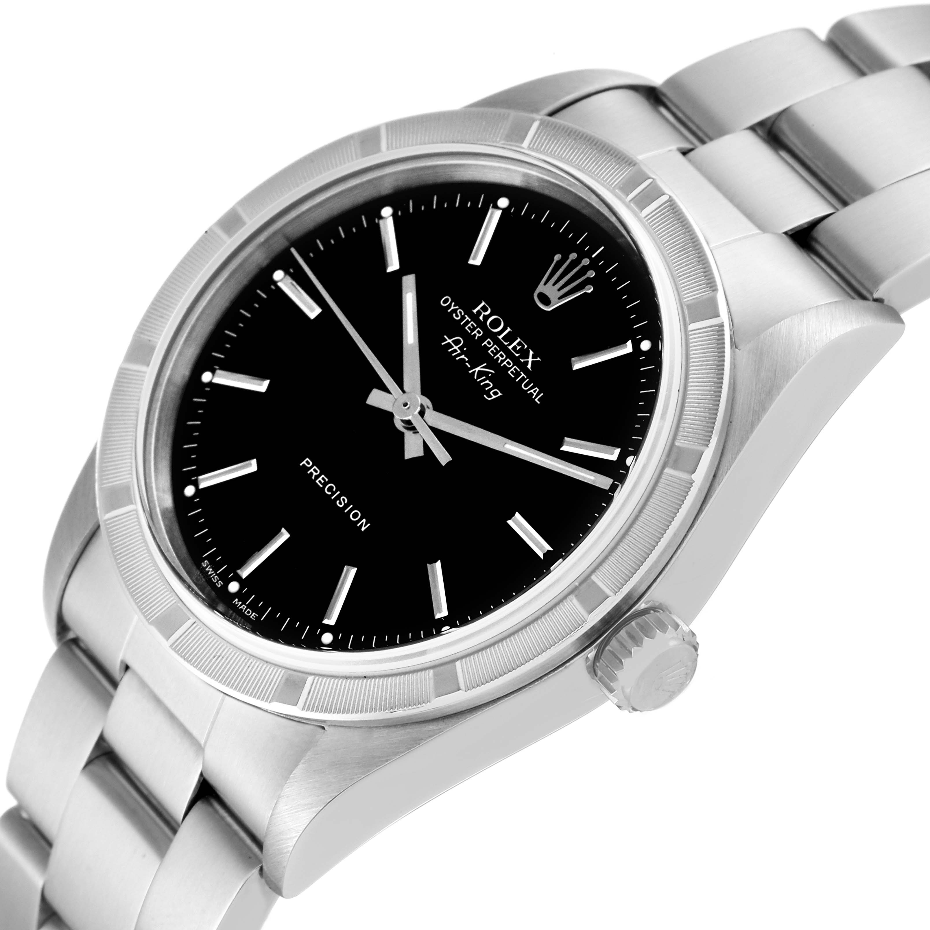 The image shows a Rolex Air-King 14010 Men's Stainless Steel Black Dial 14010 Men's Stainless Steel Black Dial watch at a slight angle, highlighting the black dial, silver hands, bezel, and bracelet.
