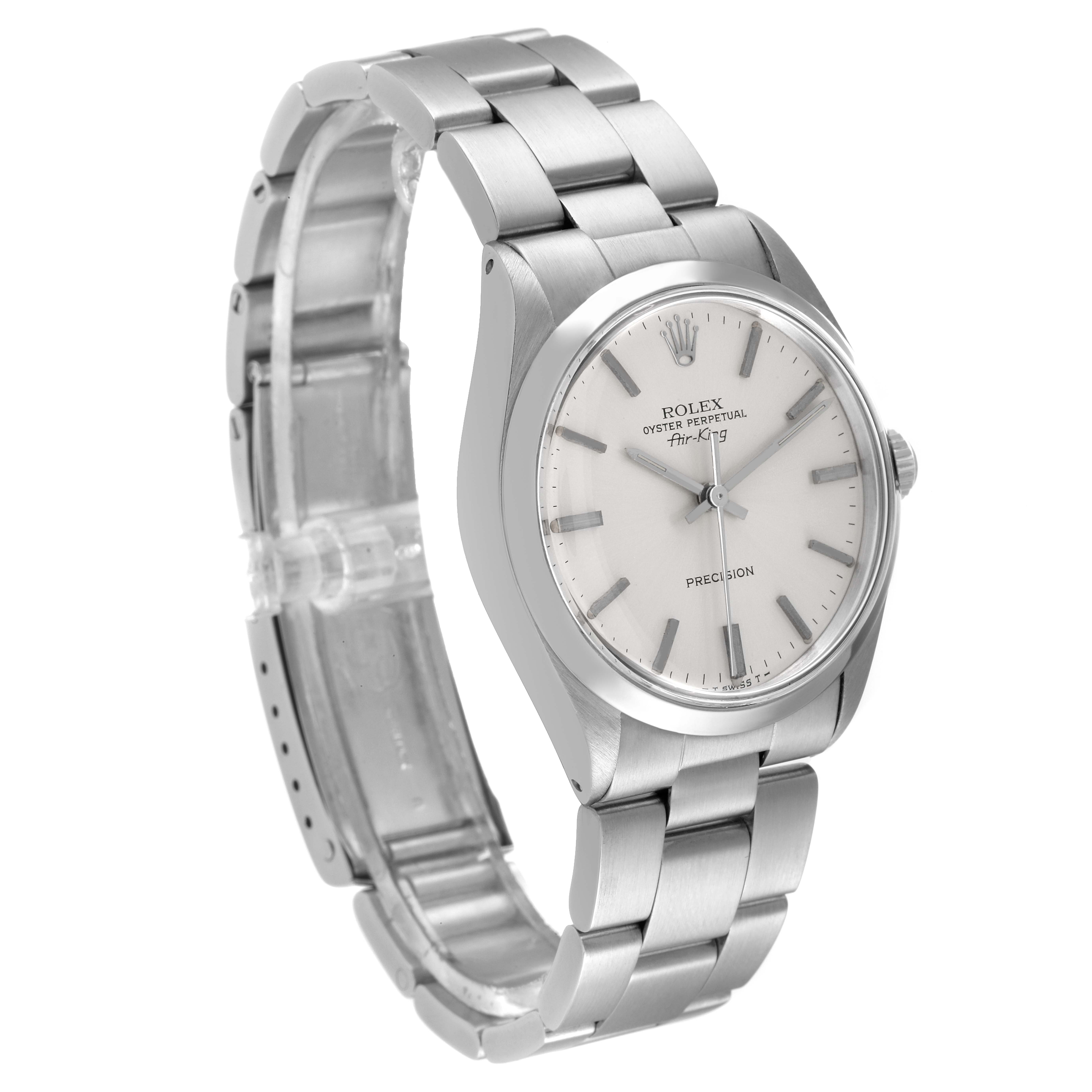 The image shows a side angle of a Rolex Air-King 5500 Men's Stainless Steel Silver Dial 5500 Men's Stainless Steel Silver Dial watch, highlighting the face, bezel, and part of the metal bracelet strap.