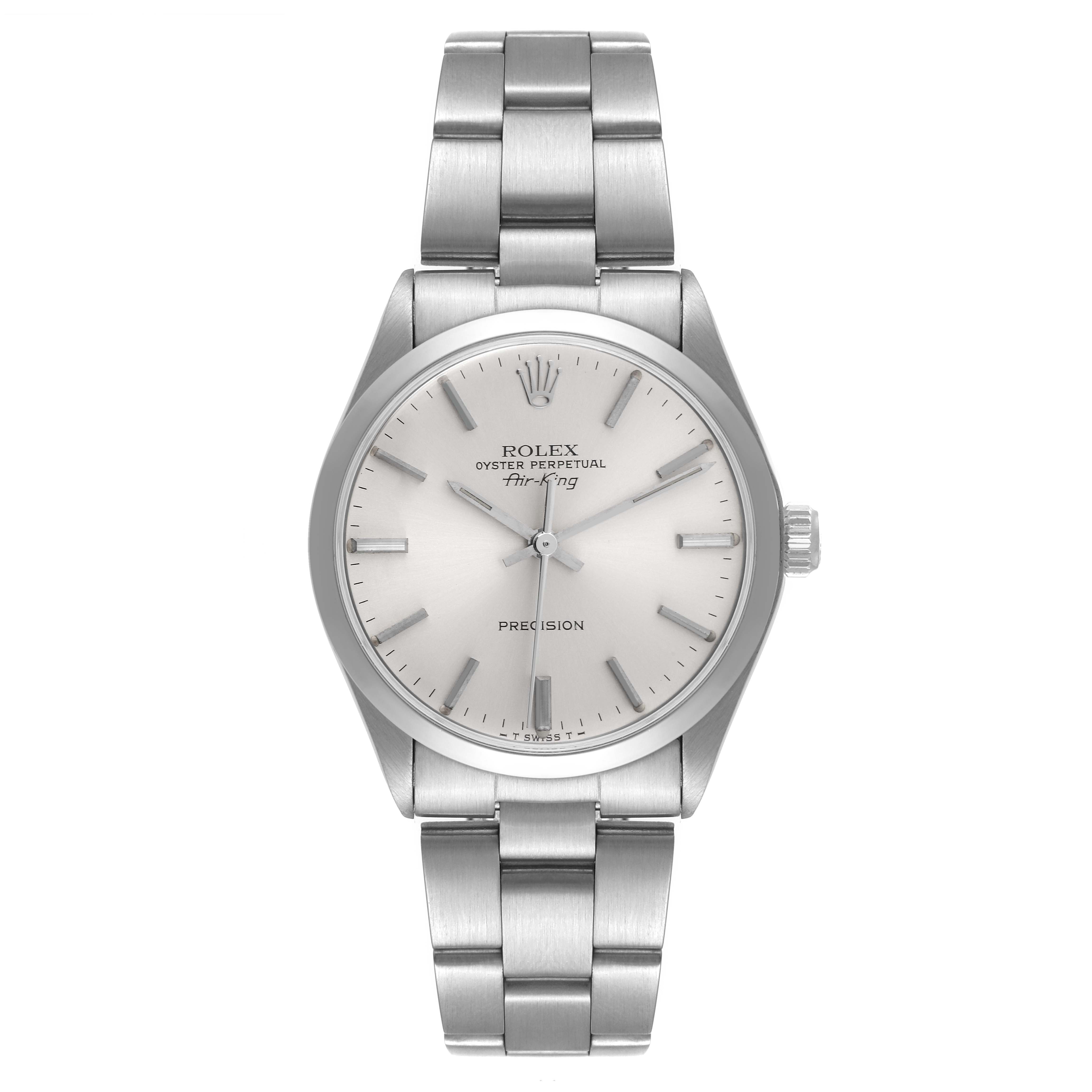 The image shows a front view of the Rolex Air-King 5500 Men's Stainless Steel Silver Dial 5500 Men's Stainless Steel Silver Dial watch, displaying its face, bezel, crown, and stainless steel bracelet.