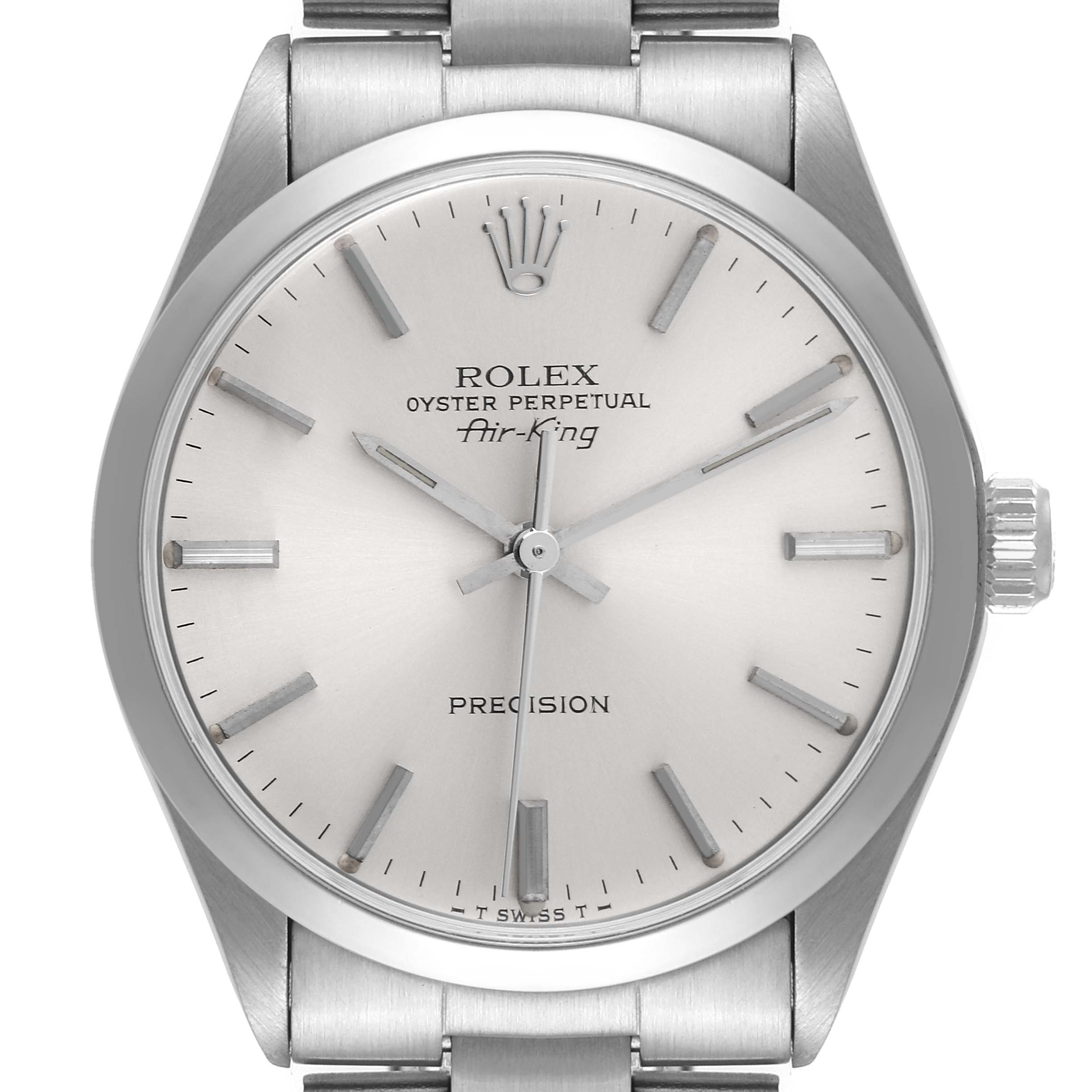 The image shows a front view of a Rolex Air-King 5500 Men's Stainless Steel Silver Dial 5500 Men's Stainless Steel Silver Dial watch, highlighting the dial, hands, crown, and part of the bracelet.