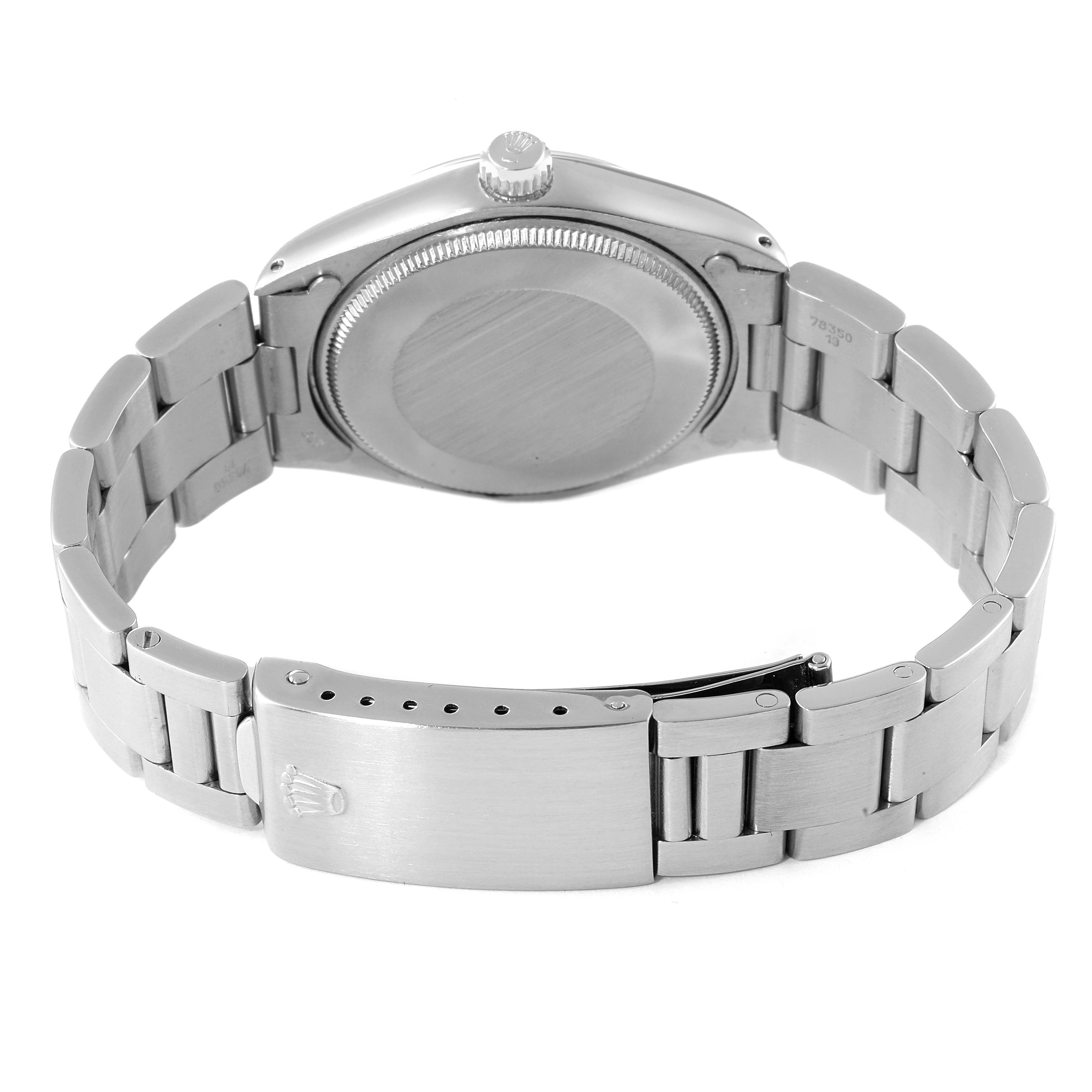 The image shows the back view of a Rolex Air-King 5500 Men's Stainless Steel Silver Dial 5500 Men's Stainless Steel Silver Dial watch, featuring the case back, bracelet, and clasp.