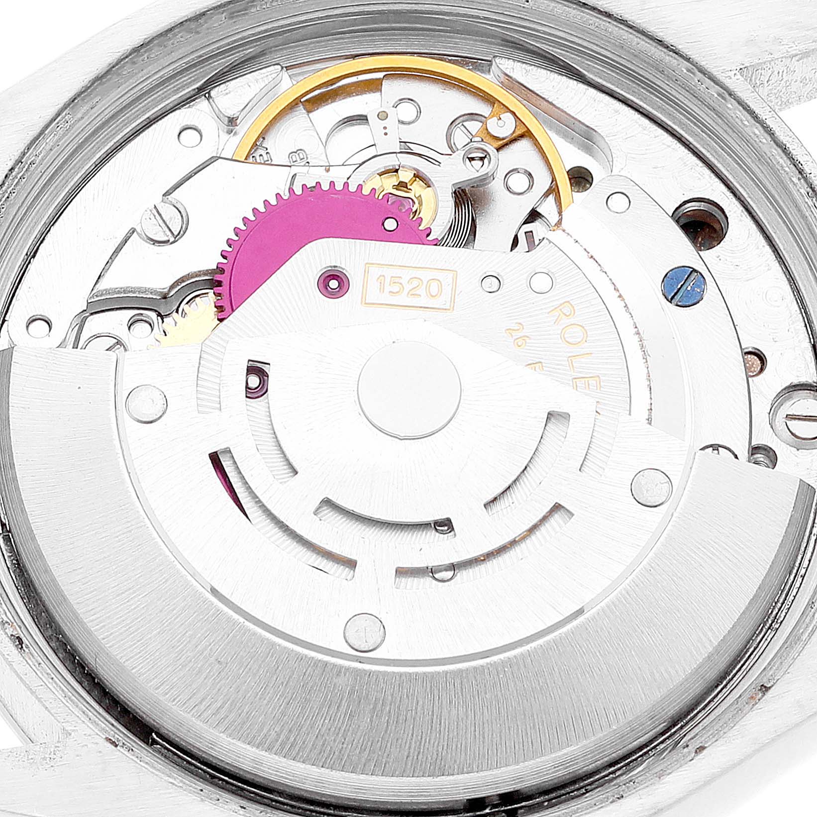 This image shows the internal mechanism and movement parts of a Rolex Air-King 5500 Men's Stainless Steel Silver Dial 5500 Men's Stainless Steel Silver Dial watch from an overhead angle.
