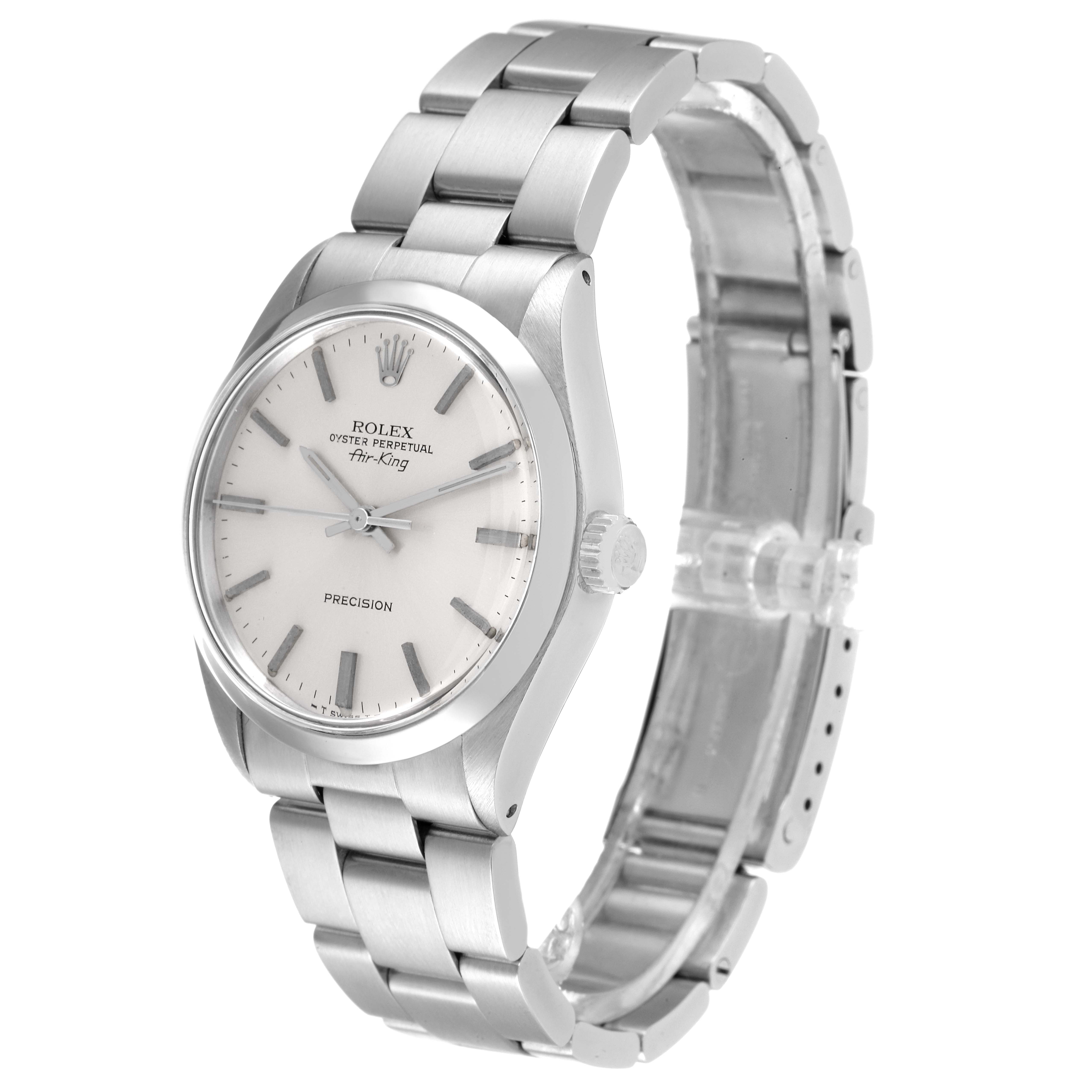 The Rolex Air-King 5500 Men's Stainless Steel Silver Dial 5500 Men's Stainless Steel Silver Dial watch is shown at an angled side view, showcasing the dial, crown, and bracelet.