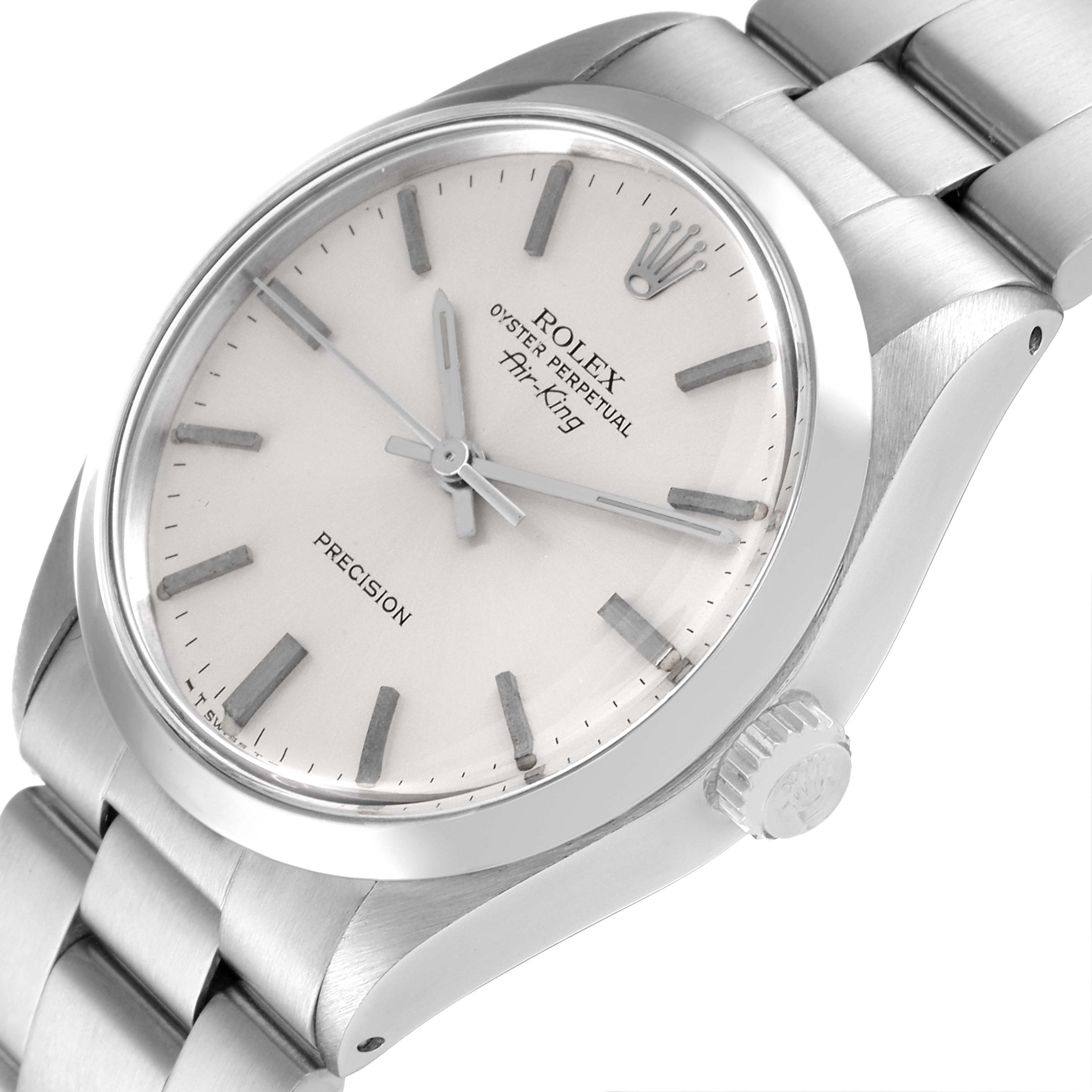 The Rolex Air-King 5500 Men's Stainless Steel Silver Dial 5500 Men's Stainless Steel Silver Dial watch is shown at an angled view, displaying the dial, crown, and part of the bracelet.