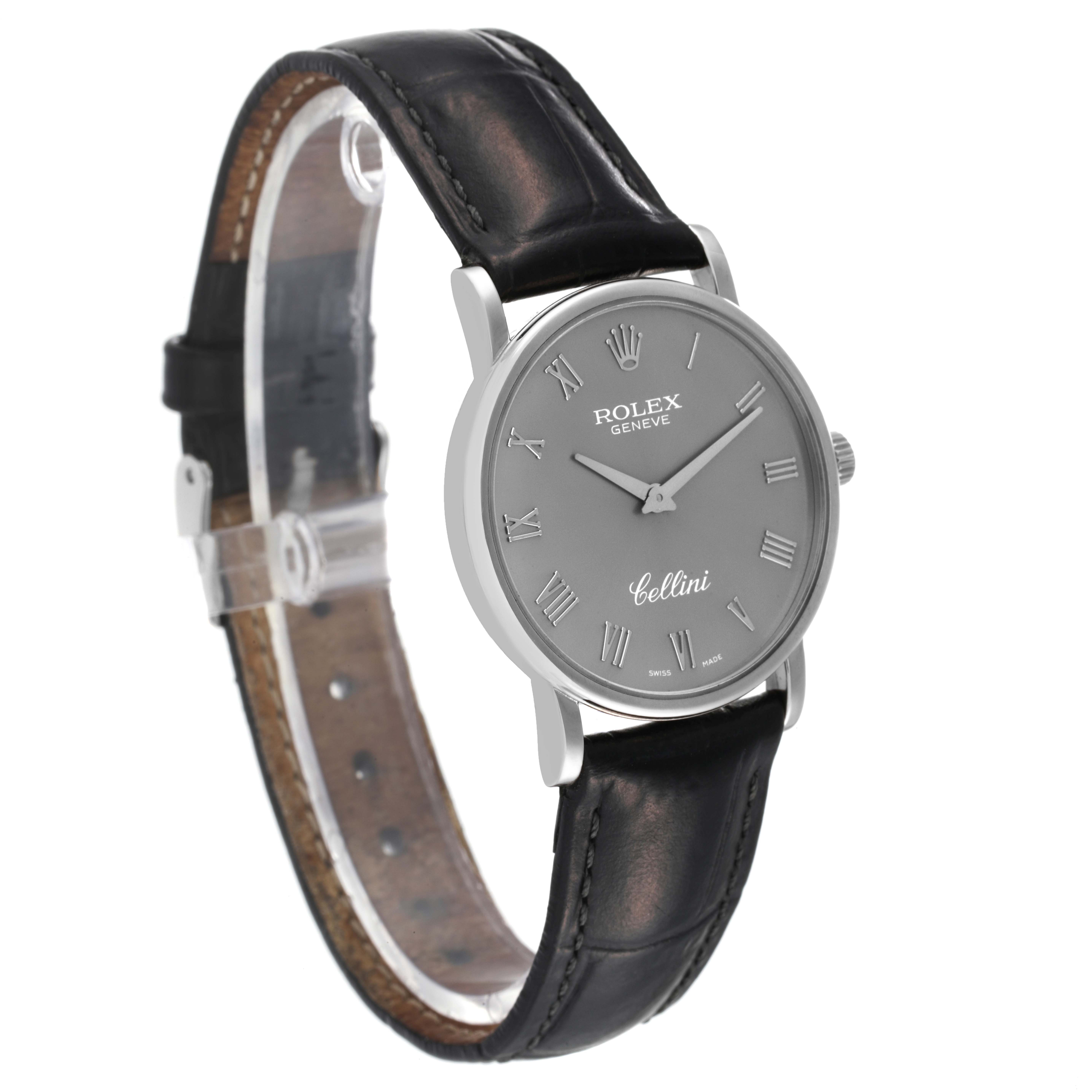 The image shows a side angle of a Rolex Cellini 5115 Men's White Gold Silver Dial 5115 Men's White Gold Silver Dial watch, displaying the dial, strap, and side crown.