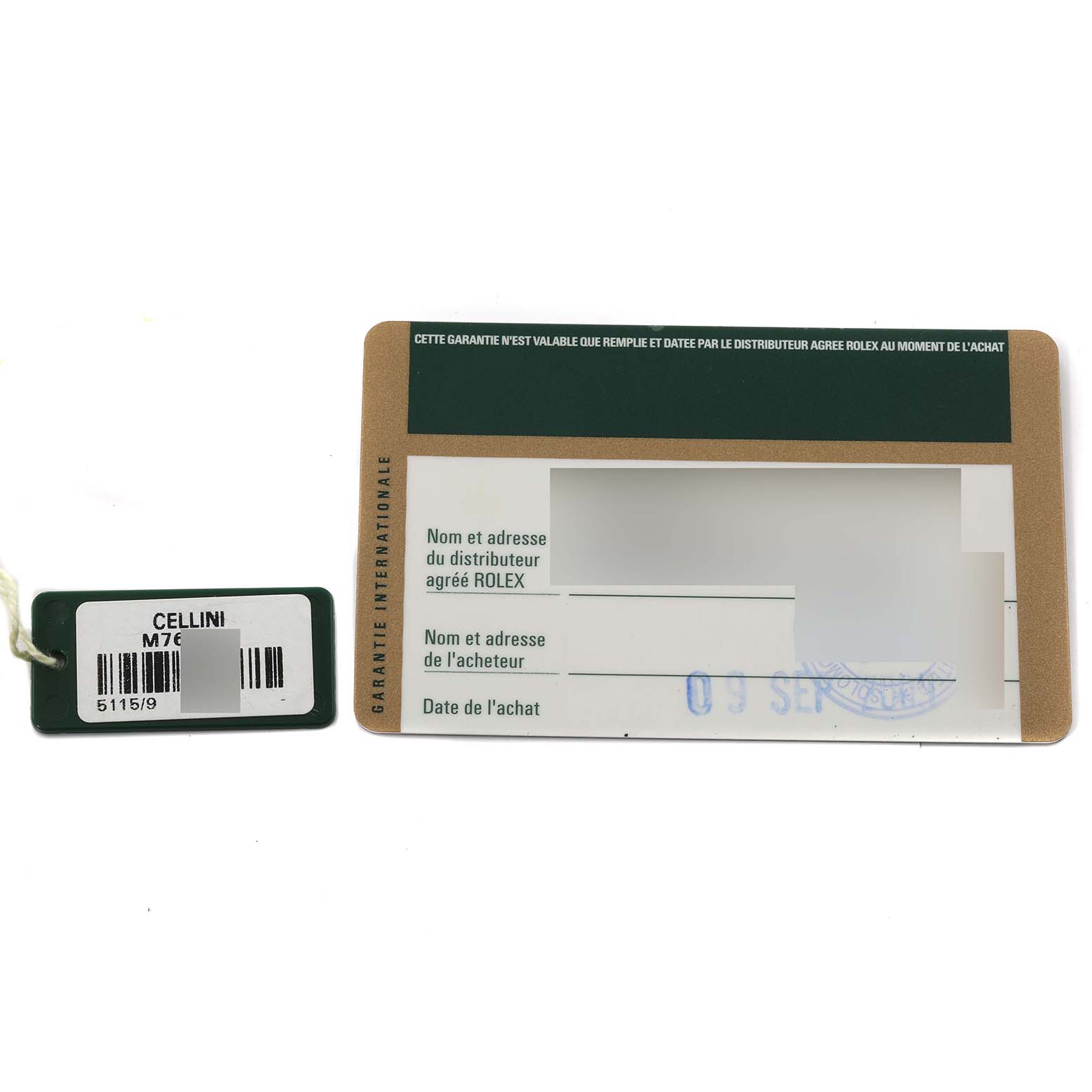 The image shows a warranty card and tag for the Rolex Cellini 5115 Men's White Gold Silver Dial 5115 Men's White Gold Silver Dial model watch, displayed from a top-down angle.