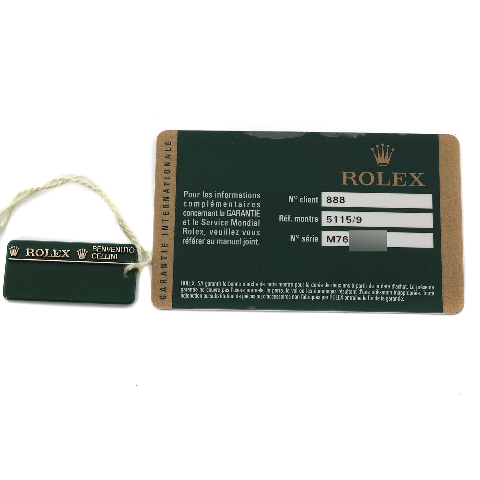 The image displays a Rolex Cellini 5115 Men's White Gold Silver Dial 5115 Men's White Gold Silver Dial warranty card and a green tag with "ROLEX BENVENUTO CELLINI" text.