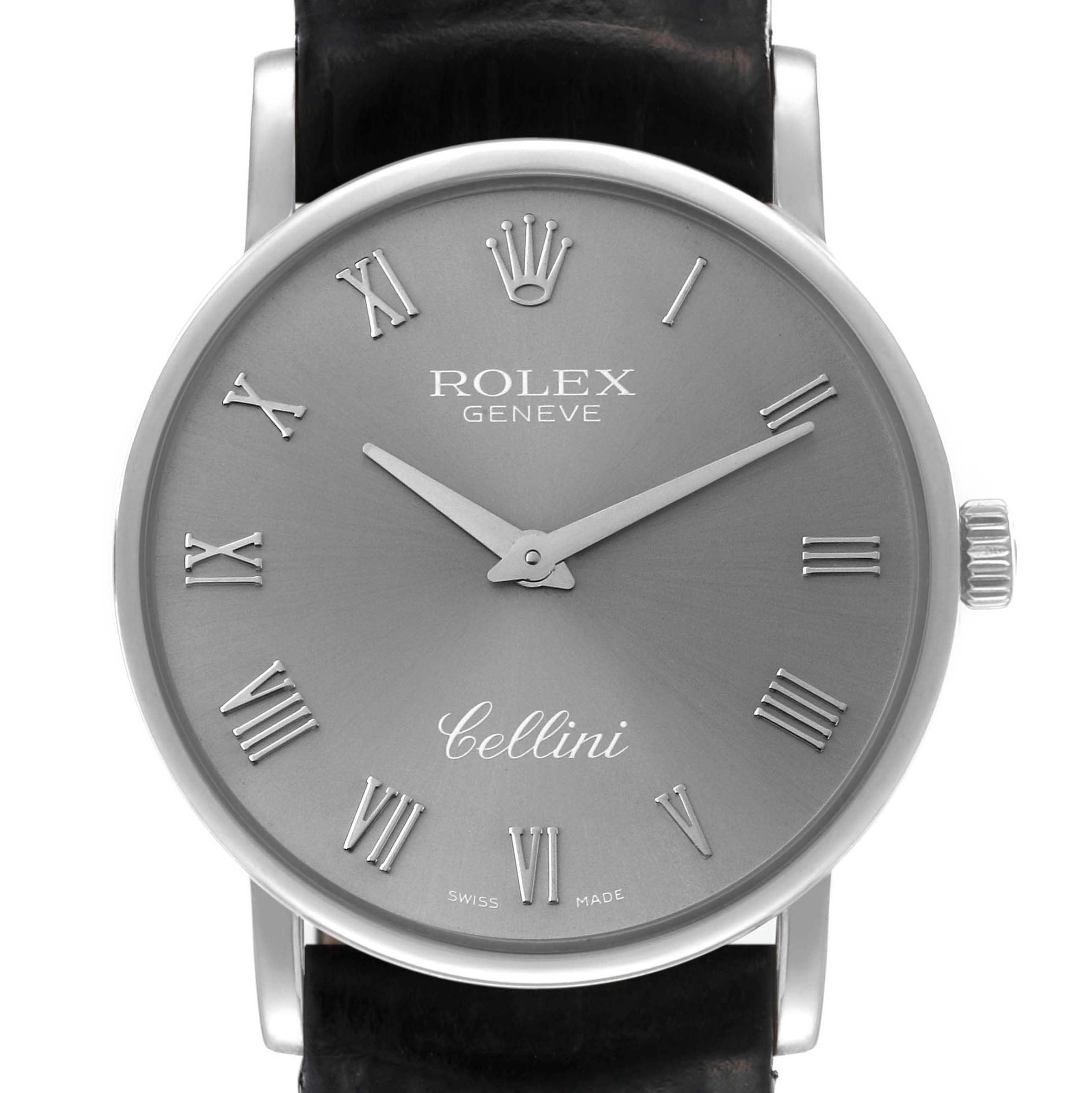 The Rolex Cellini 5115 Men's White Gold Silver Dial 5115 Men's White Gold Silver Dial watch is shown from a front angle, displaying the dial, hands, crown, and part of the strap.