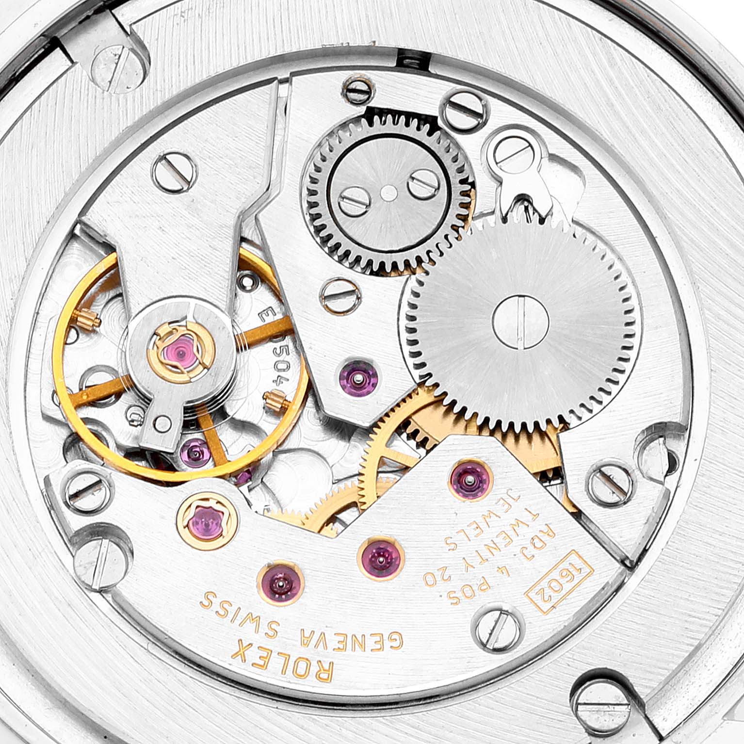This image shows the inner mechanical movement parts of a Rolex Cellini 5115 Men's White Gold Silver Dial 5115 Men's White Gold Silver Dial watch from a top-down angle.