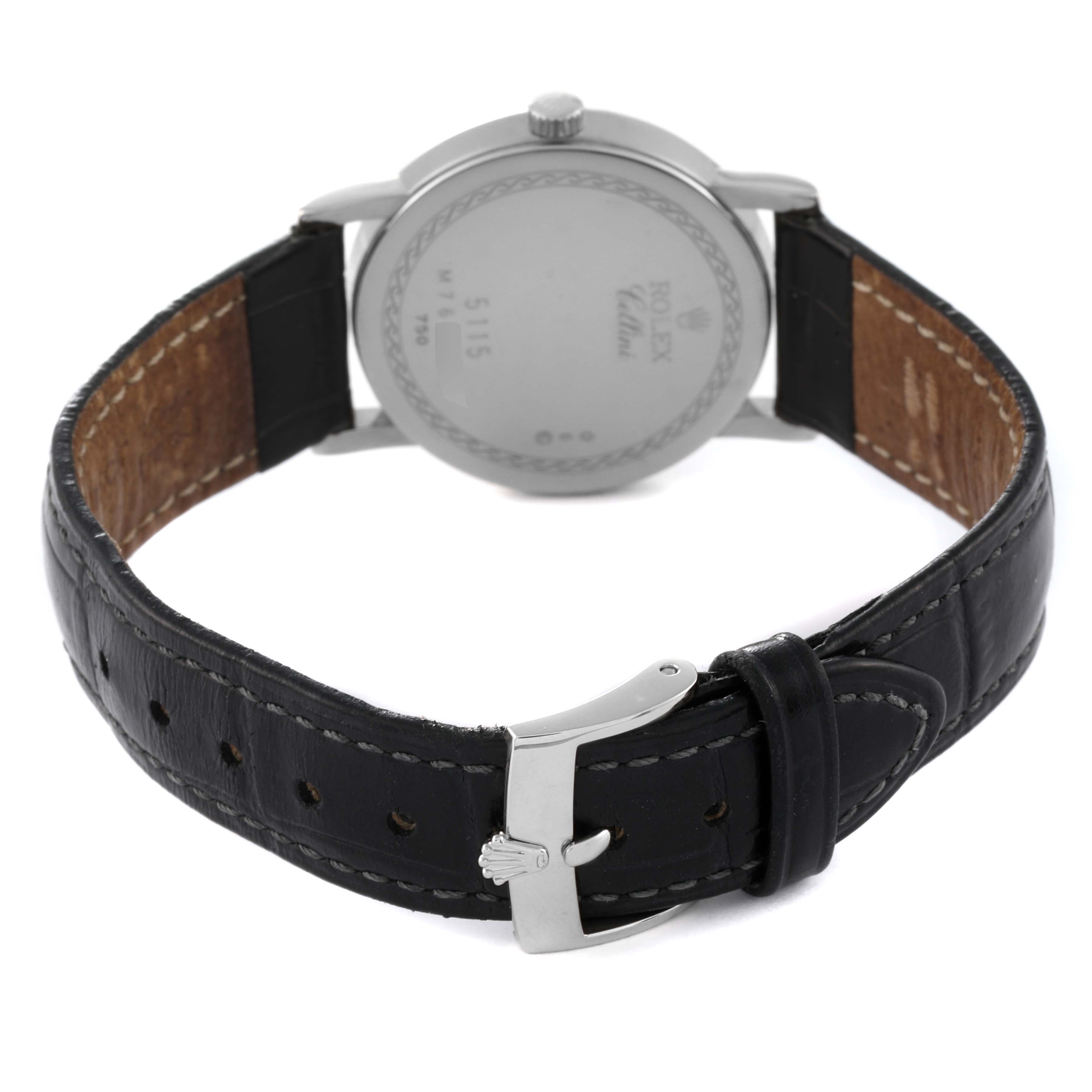The image shows the back view of a Rolex Cellini 5115 Men's White Gold Silver Dial 5115 Men's White Gold Silver Dial watch, including the case back, strap, and buckle.