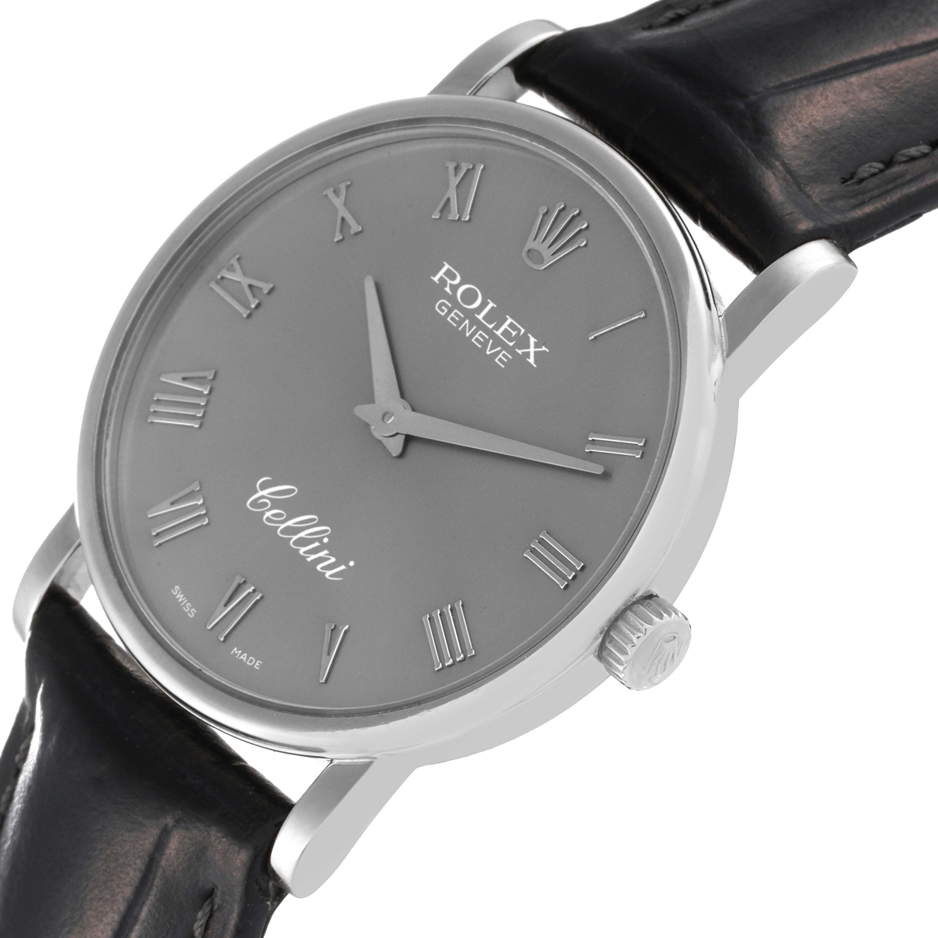 The image shows a close-up, angled view of the Rolex Cellini 5115 Men's White Gold Silver Dial 5115 Men's White Gold Silver Dial watch, highlighting the dial, case, crown, and leather strap.