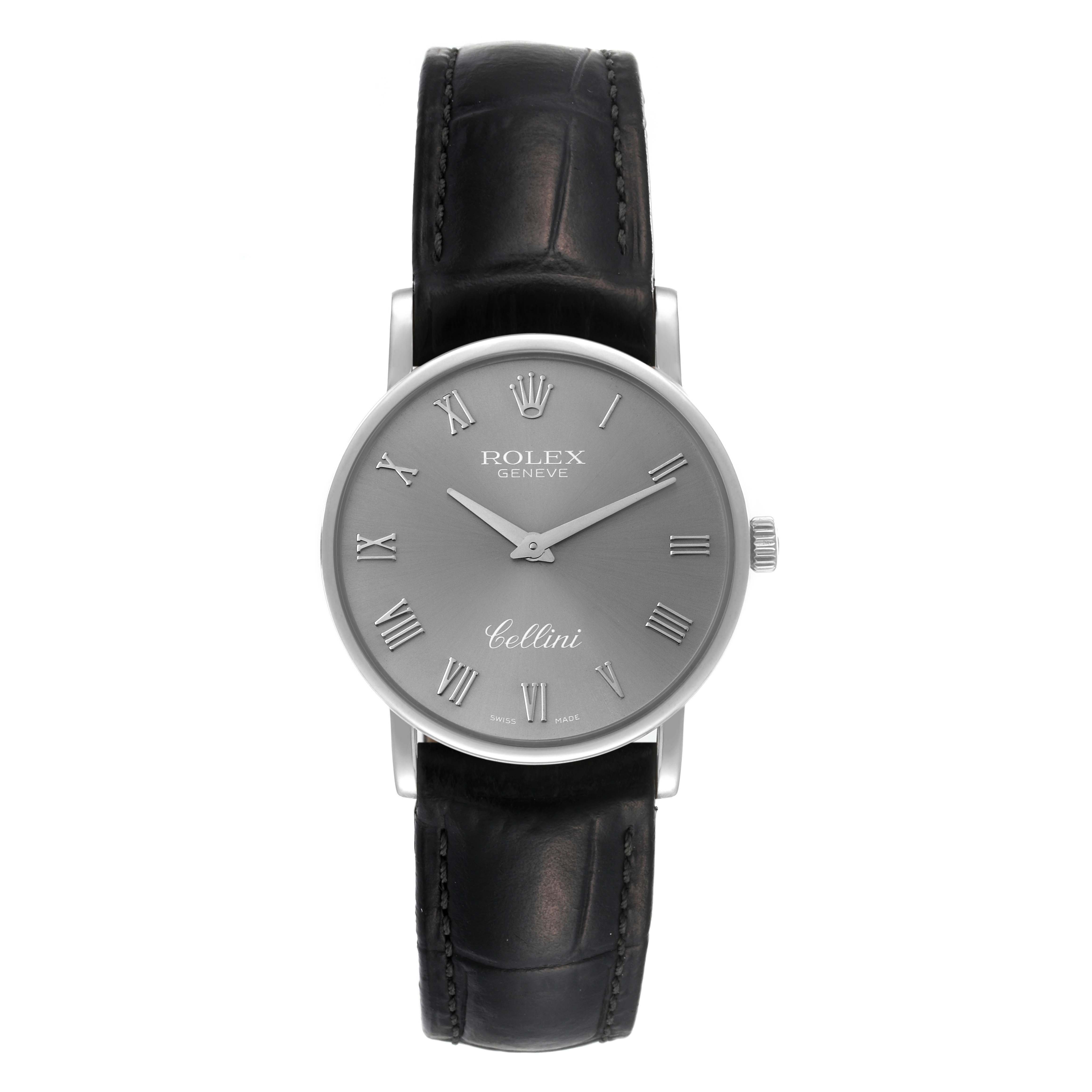 This image shows a front view of a Rolex Cellini 5115 Men's White Gold Silver Dial 5115 Men's White Gold Silver Dial watch, featuring its dial, case, and black leather strap.