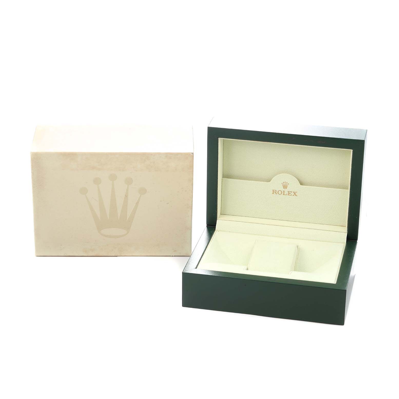 The image shows an open Rolex Cellini 4243 Men
s White Gold Silver Dial watch box at a slight angle, with an outer box beside it.