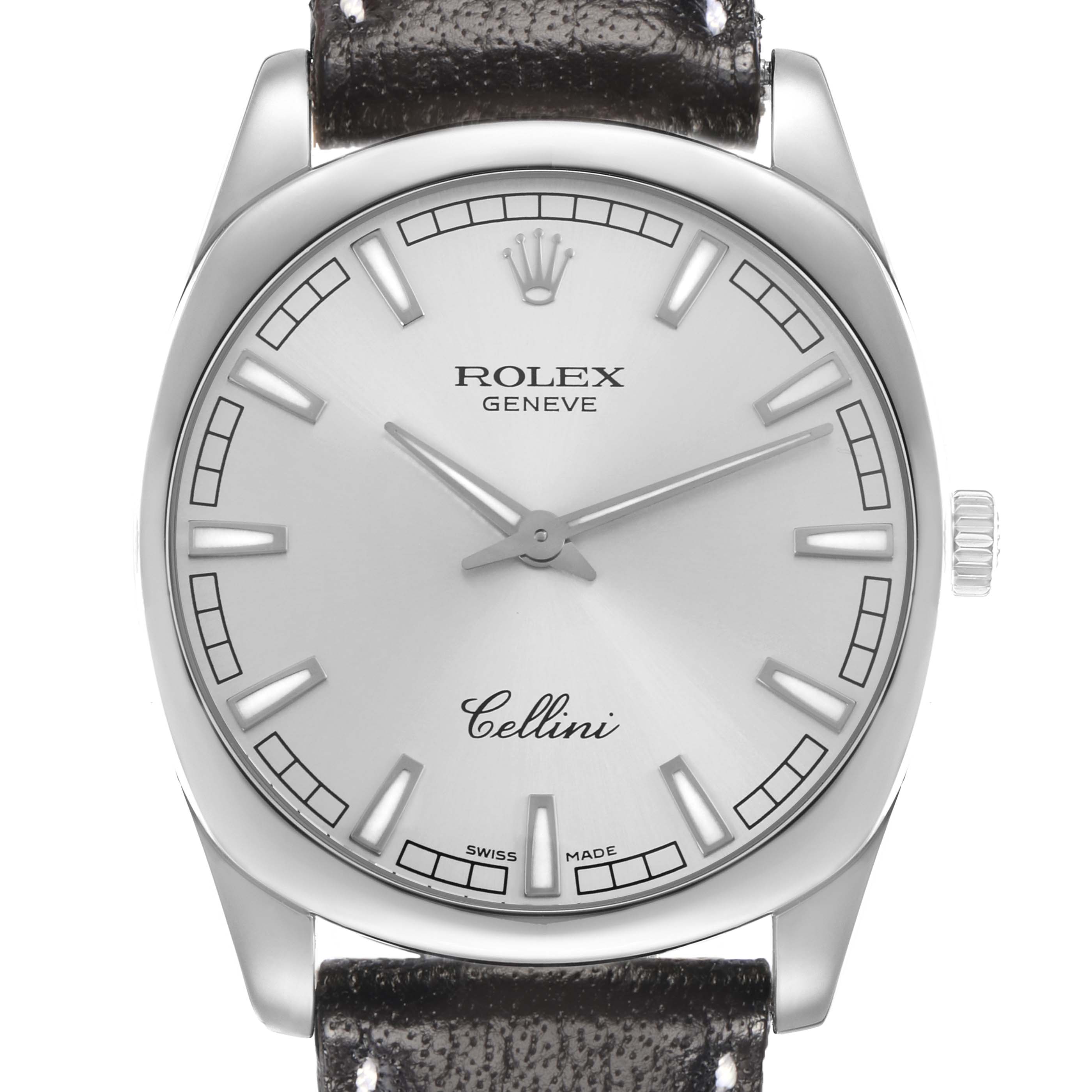 The Rolex Cellini 4243 Men
s White Gold Silver Dial watch is shown from a frontal angle, highlighting its dial, crown, and part of the strap.
