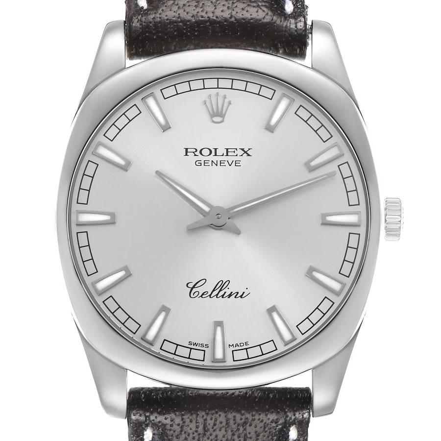 The Rolex Cellini 4243 Men's White Gold Silver Dial watch is shown from a frontal angle, highlighting its dial, crown, and part of the strap.