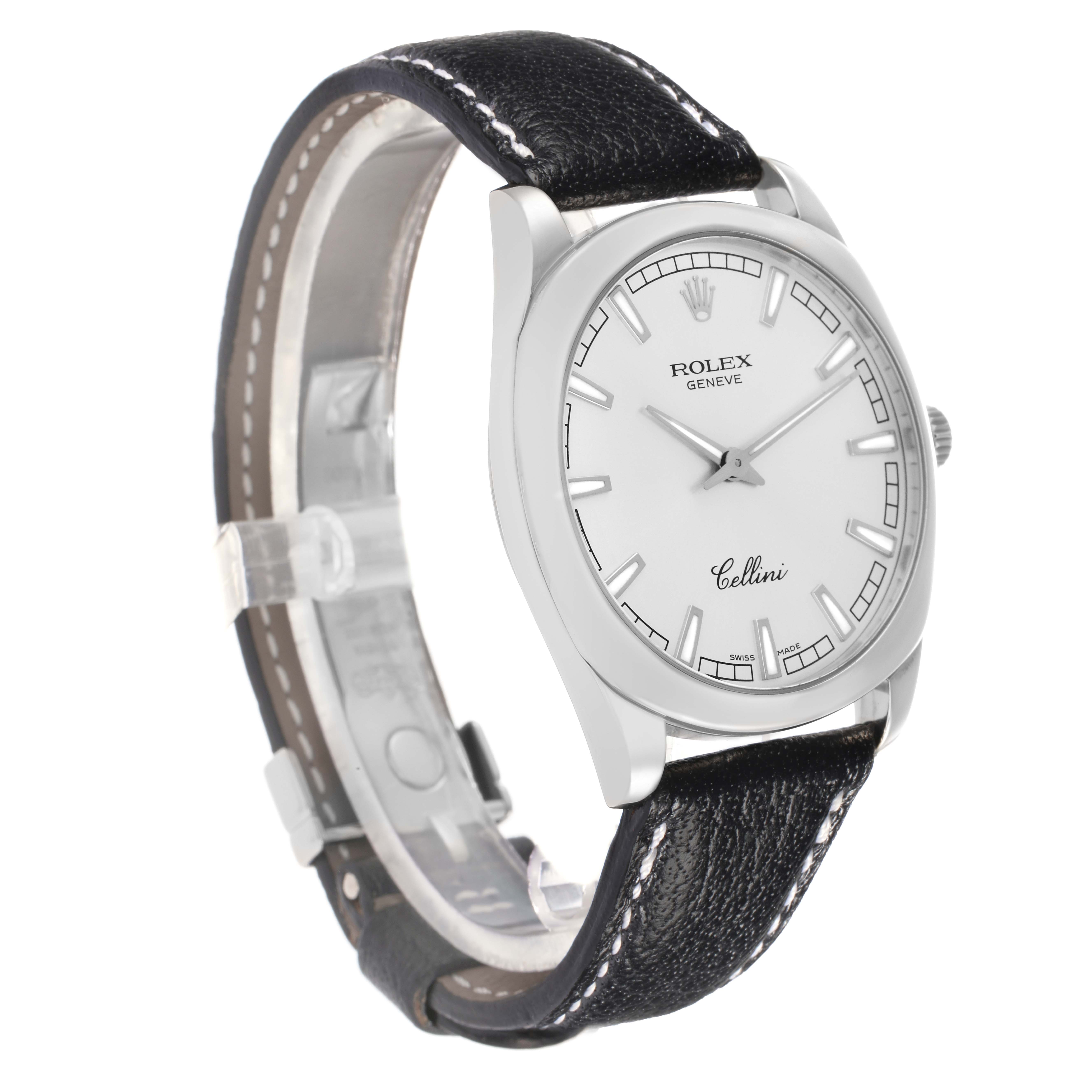 The Rolex Cellini 4243 Men
s White Gold Silver Dial watch is shown at a slight angle, with the face, case, and leather strap visible.