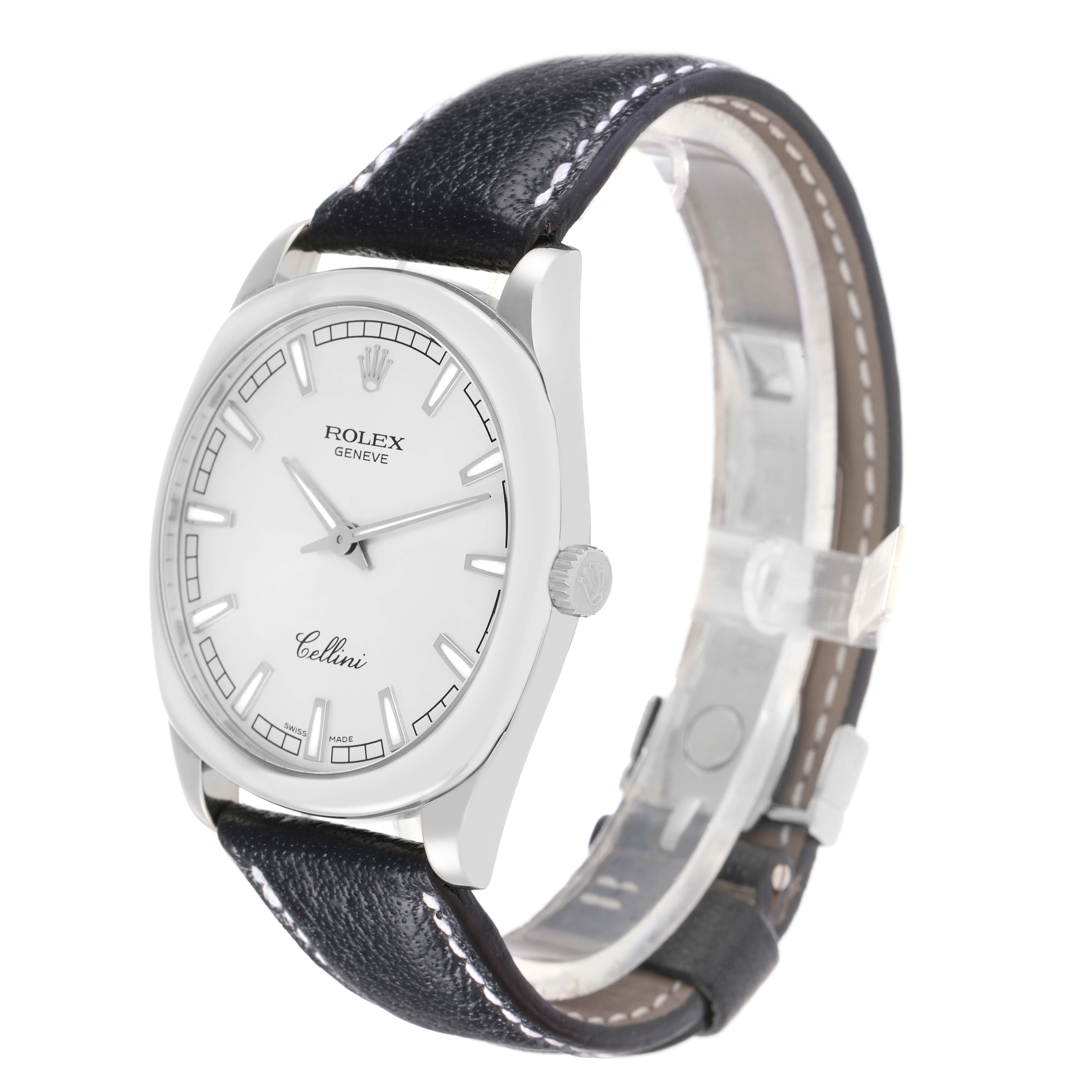 The Rolex Cellini 4243 Men
s White Gold Silver Dial watch is shown at a three-quarter angle, highlighting the face, crown, case, and leather strap.