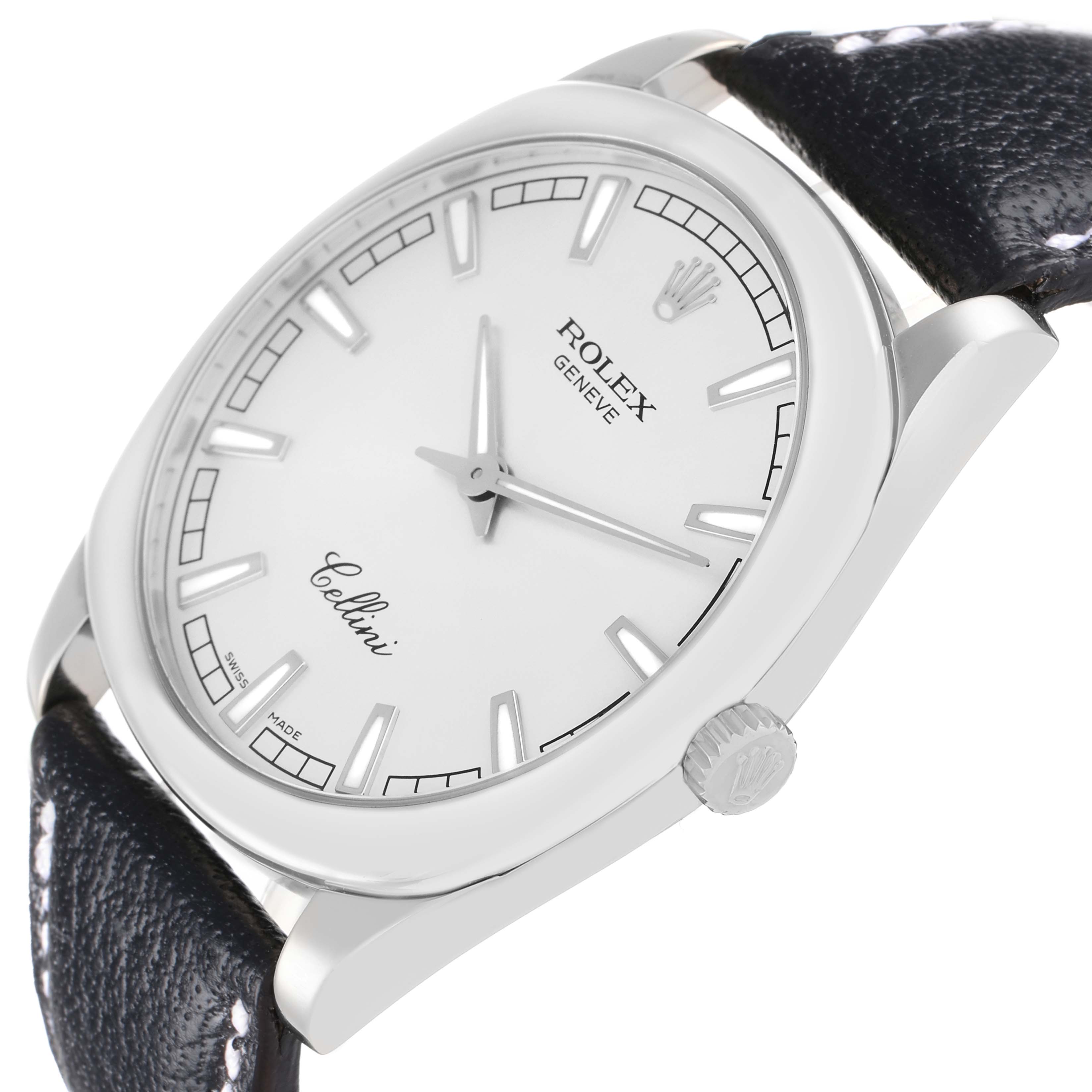 The Rolex Cellini 4243 Men
s White Gold Silver Dial watch is shown at a slight angle, highlighting the dial, markers, and crown with a visible leather strap.