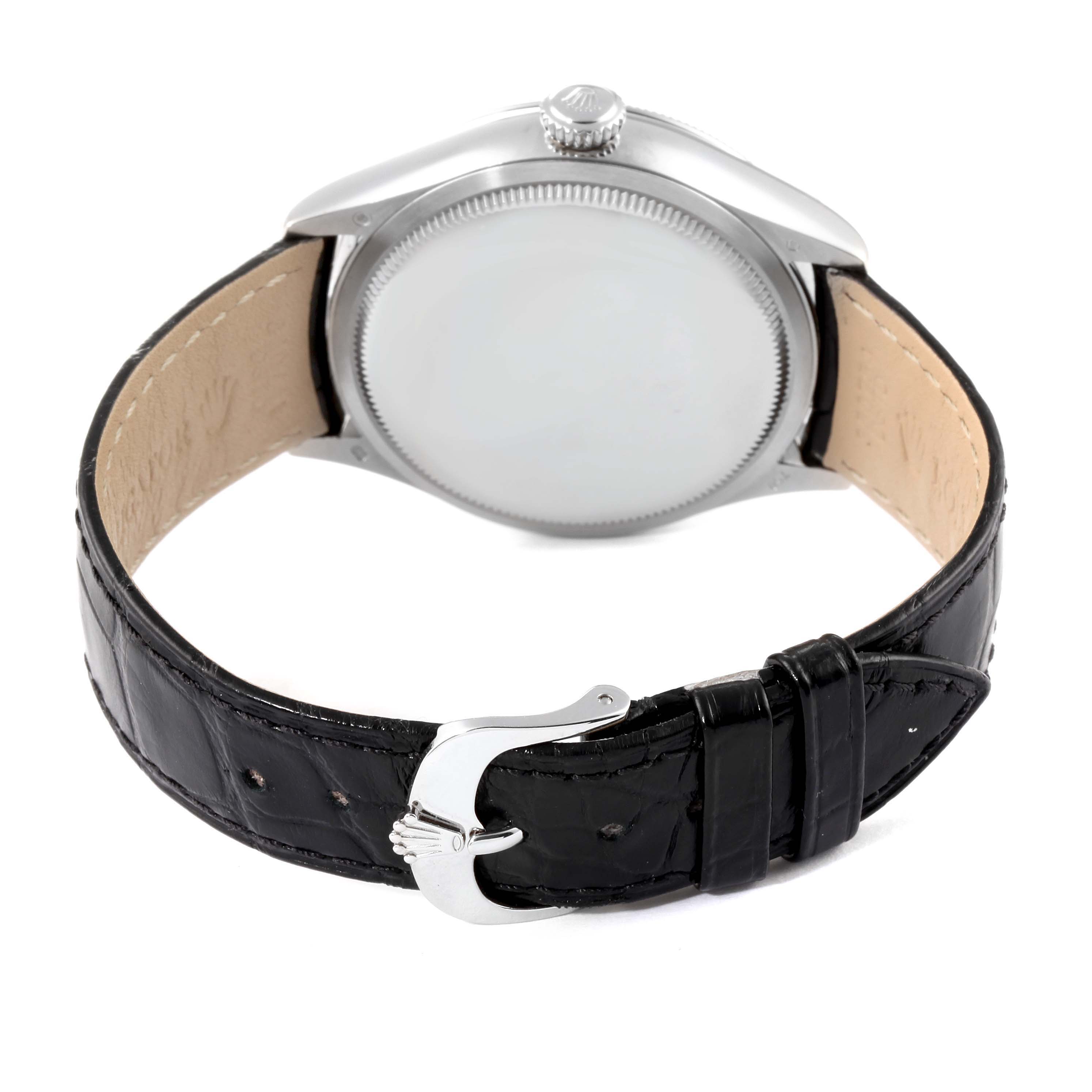 The image shows the back view of a Rolex Cellini 50529 Men's White Gold Black Dial 50529 Men's White Gold Black Dial watch, highlighting the case, crown, and black leather strap with buckle.