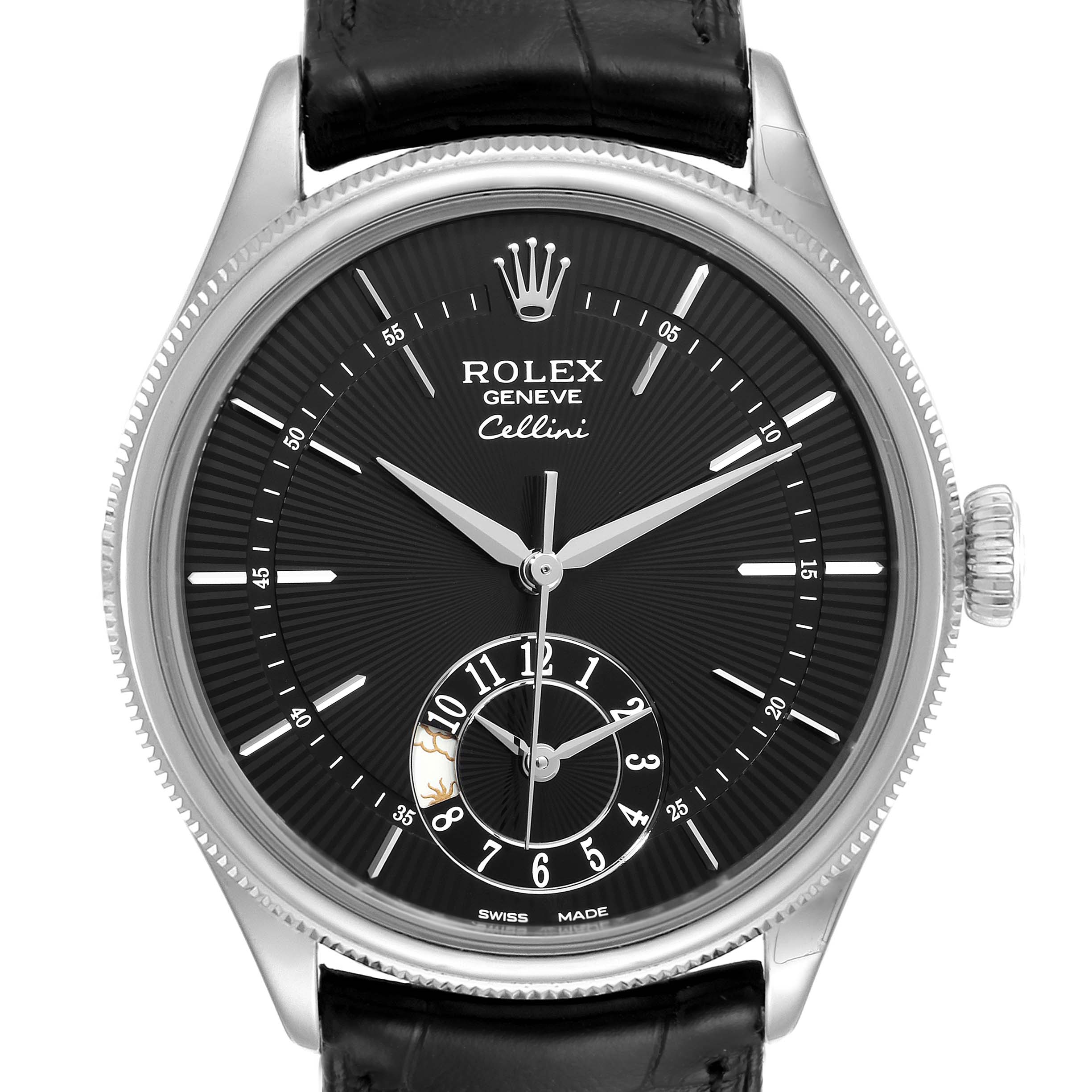 This image shows a front view of a Rolex Cellini 50529 Men's White Gold Black Dial 50529 Men's White Gold Black Dial watch, highlighting its face, bezel, crown, and part of the leather strap.