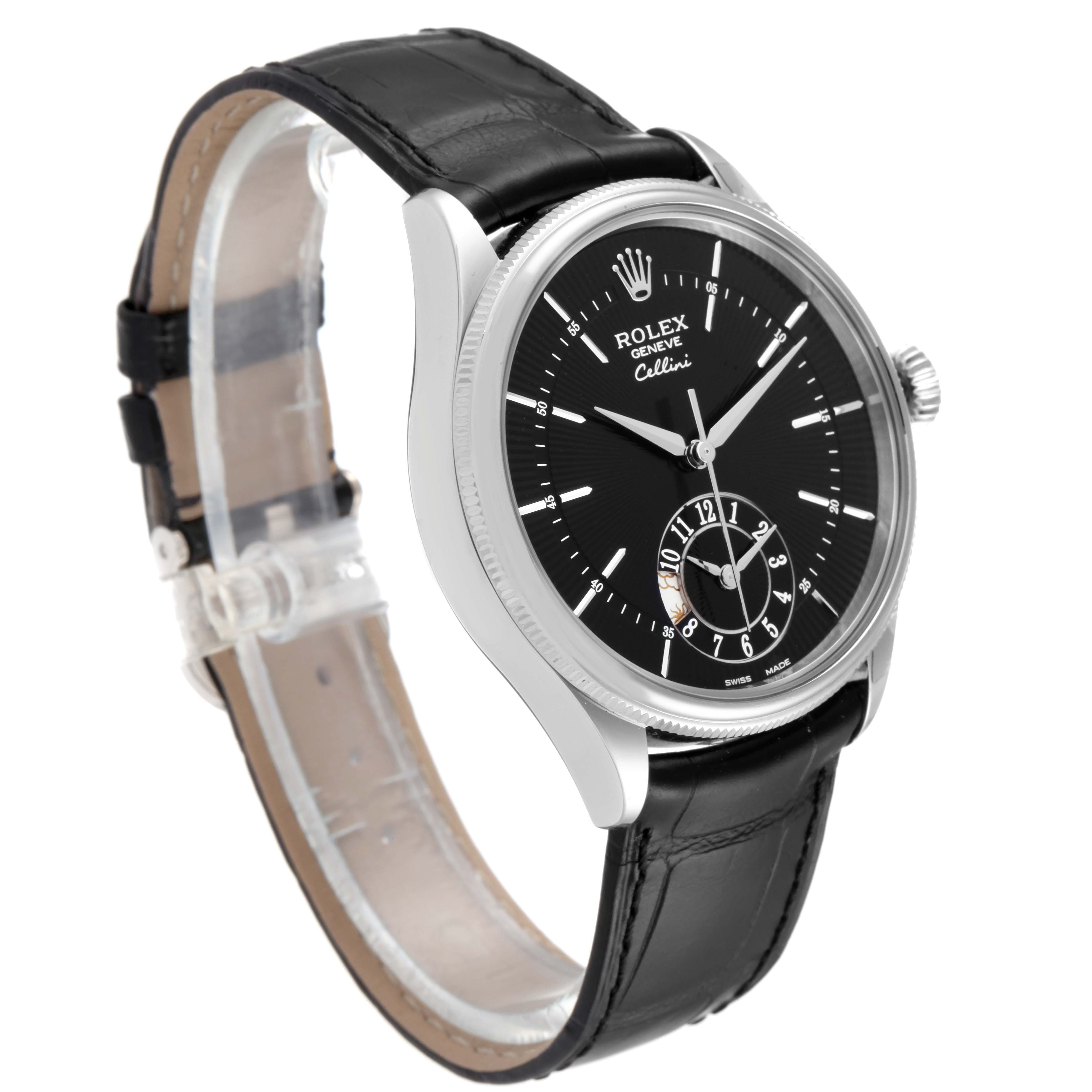 The Rolex Cellini 50529 Men's White Gold Black Dial 50529 Men's White Gold Black Dial watch is shown at an angle highlighting its black dial, silver case, and black leather strap.