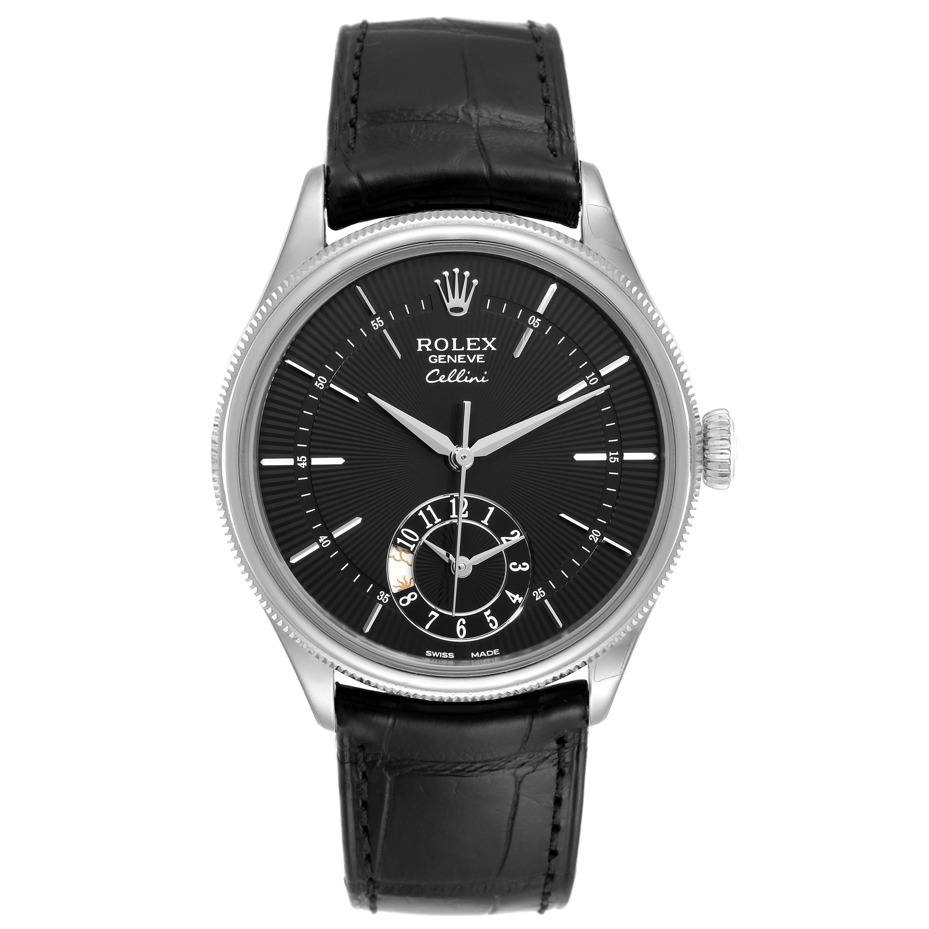 This image shows a frontal view of the Rolex Cellini 50529 Men's White Gold Black Dial 50529 Men's White Gold Black Dial watch, displaying its black dial, hour markers, and leather strap.