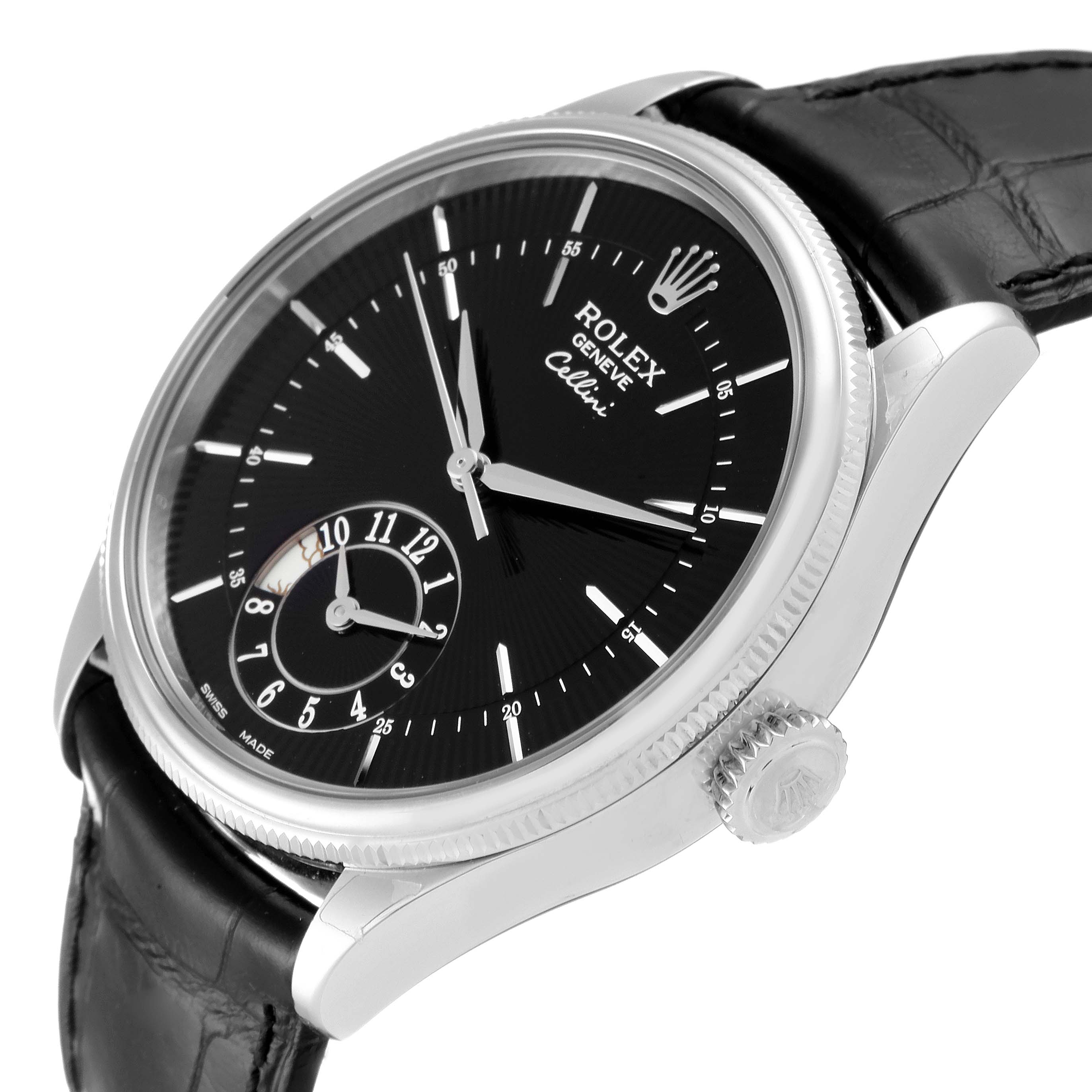 This image shows a side view of a Rolex Cellini 50529 Men's White Gold Black Dial 50529 Men's White Gold Black Dial watch, highlighting its black dial, crown, and leather strap.