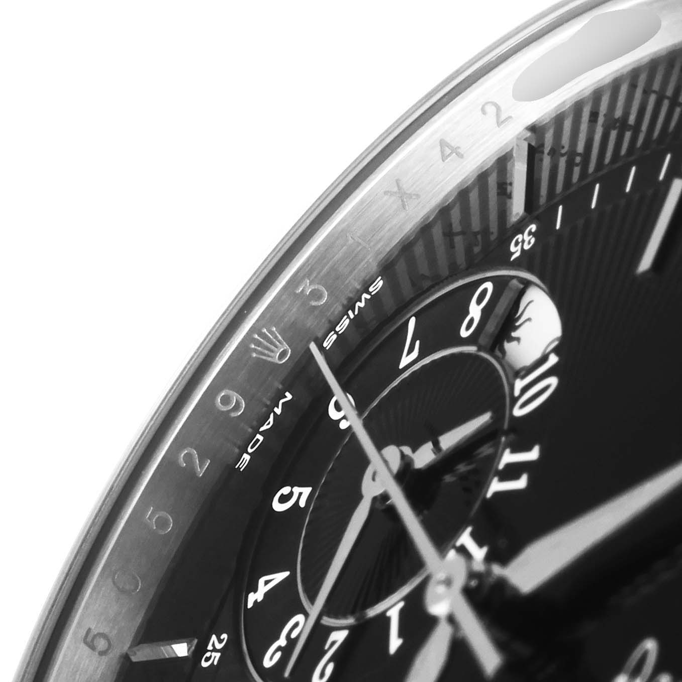 This is a close-up angle of the Rolex Cellini 50529 Men's White Gold Black Dial 50529 Men's White Gold Black Dial watch, focusing on the dial and part of the bezel.