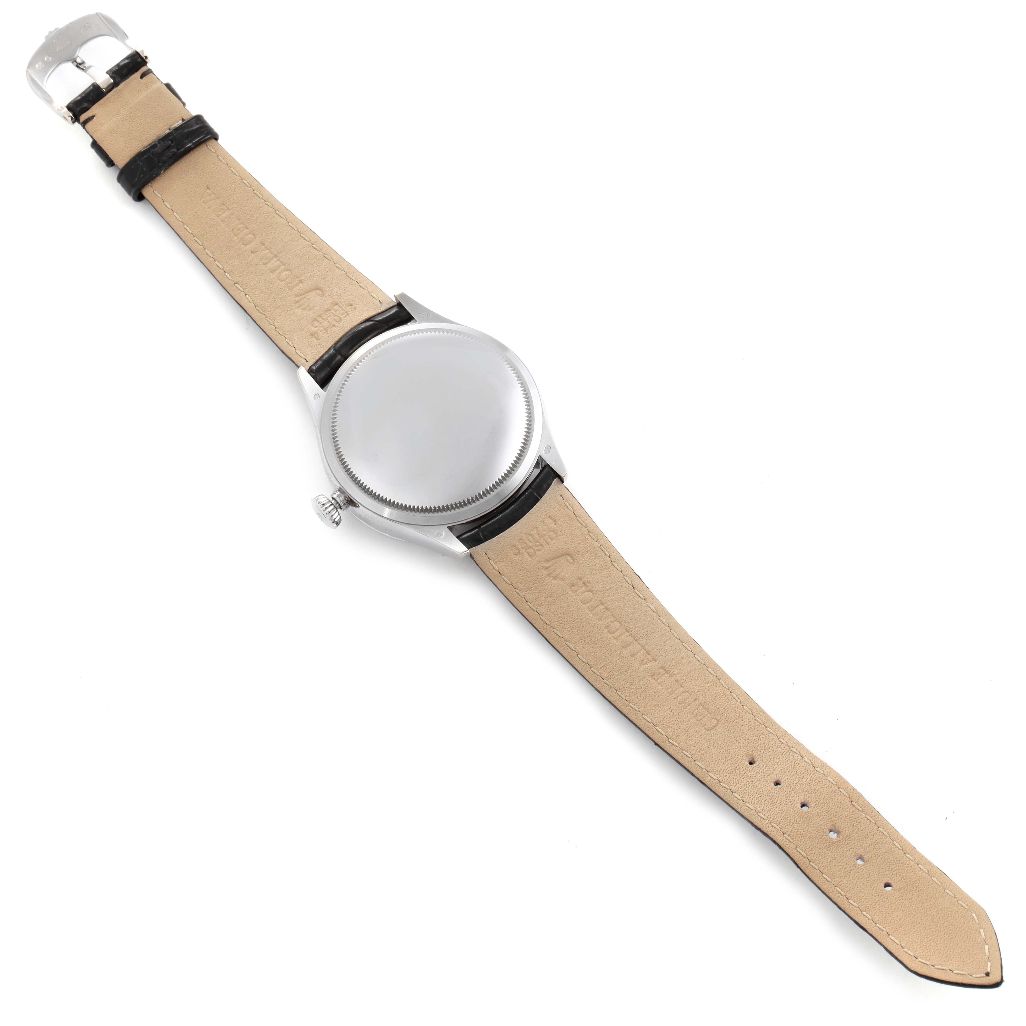 The image shows the back and the leather strap of the Rolex Cellini 50529 Men's White Gold Black Dial 50529 Men's White Gold Black Dial watch from a top-down angle.