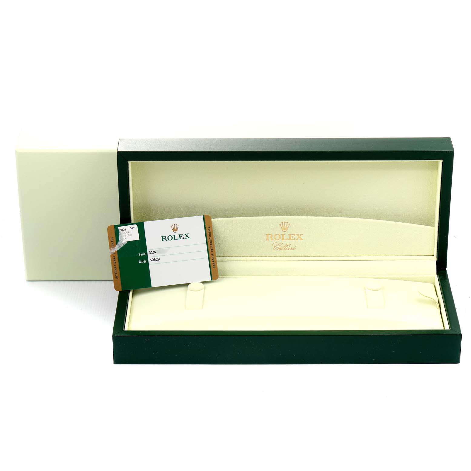 The image shows an open green Rolex Cellini 50529 Men's White Gold Black Dial 50529 Men's White Gold Black Dial box with its inner lining exposed and a Rolex warranty card placed inside.