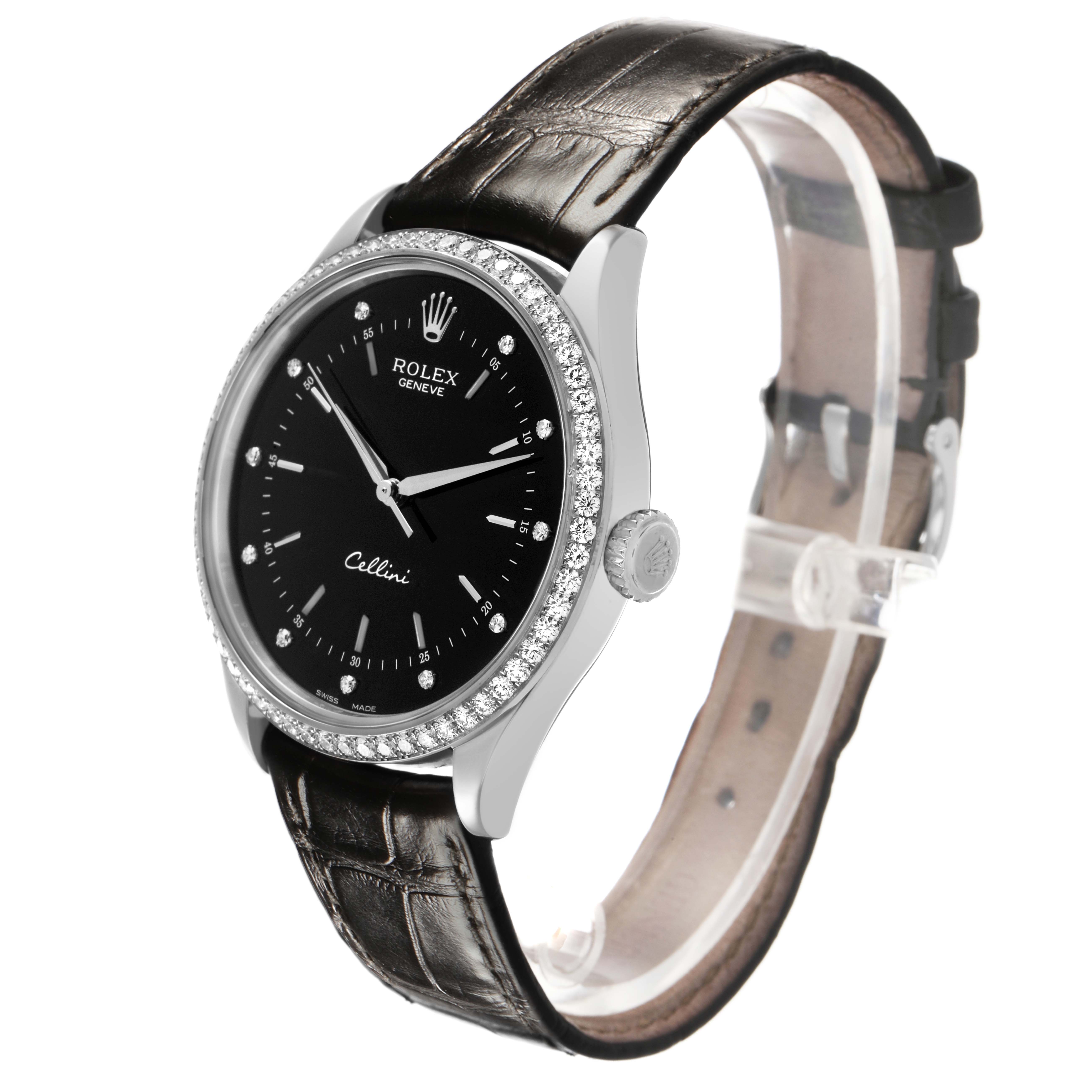 The Rolex Cellini 50709 Men's White Gold Black Dial watch is shown at a slight angle, featuring its black dial, diamond-set bezel, and leather strap.