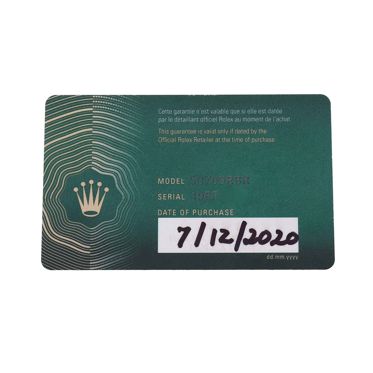 This image shows a warranty card for a Rolex Cellini 50709 Men's White Gold Black Dial watch, displaying the model, serial number, and purchase date.
