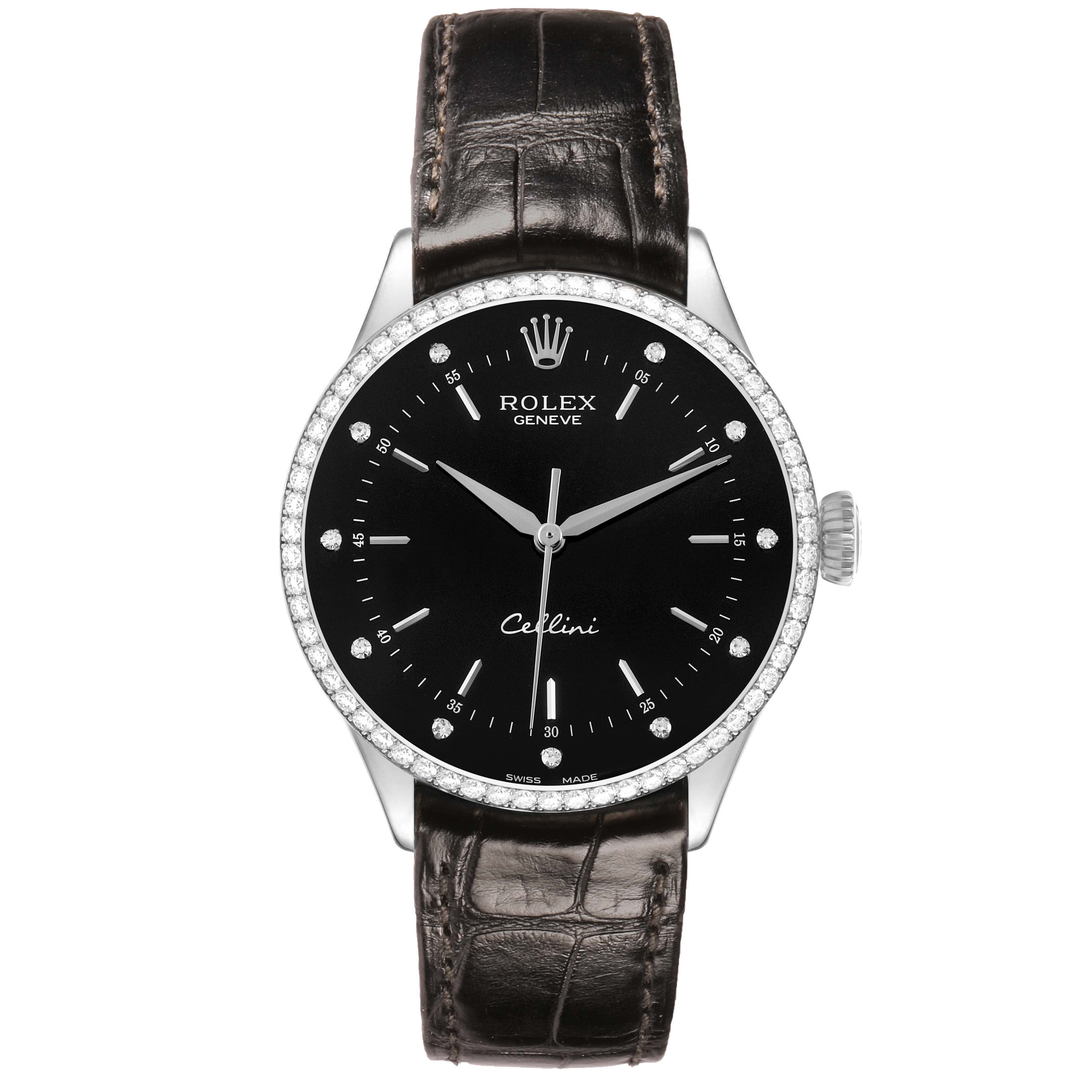 The Rolex Cellini 50709 Men's White Gold Black Dial watch is shown from a front view, highlighting the black dial, diamond-set bezel, and brown leather strap.