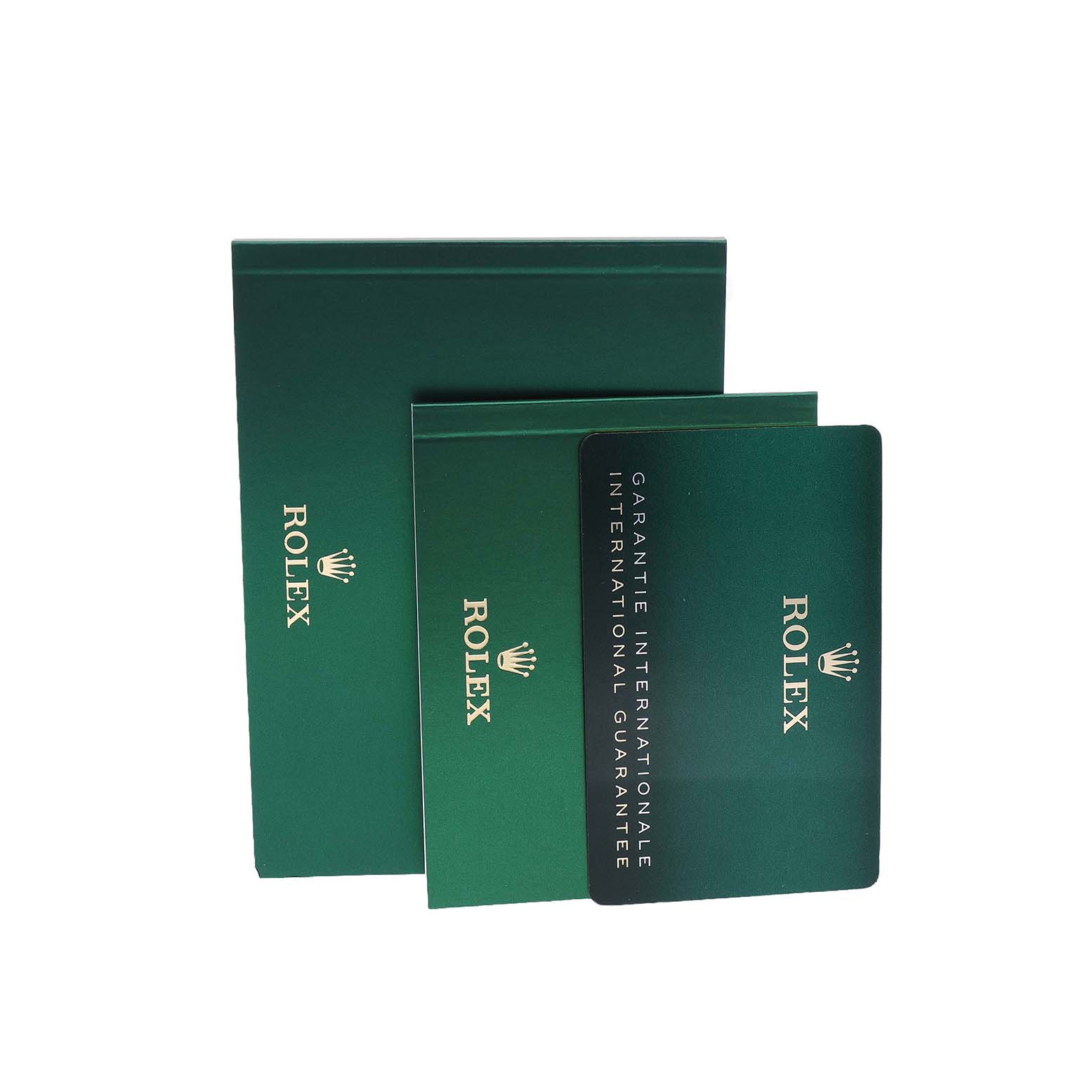 The image shows a green Rolex Cellini 50709 Men's White Gold Black Dial model box, booklet, and guarantee card.
