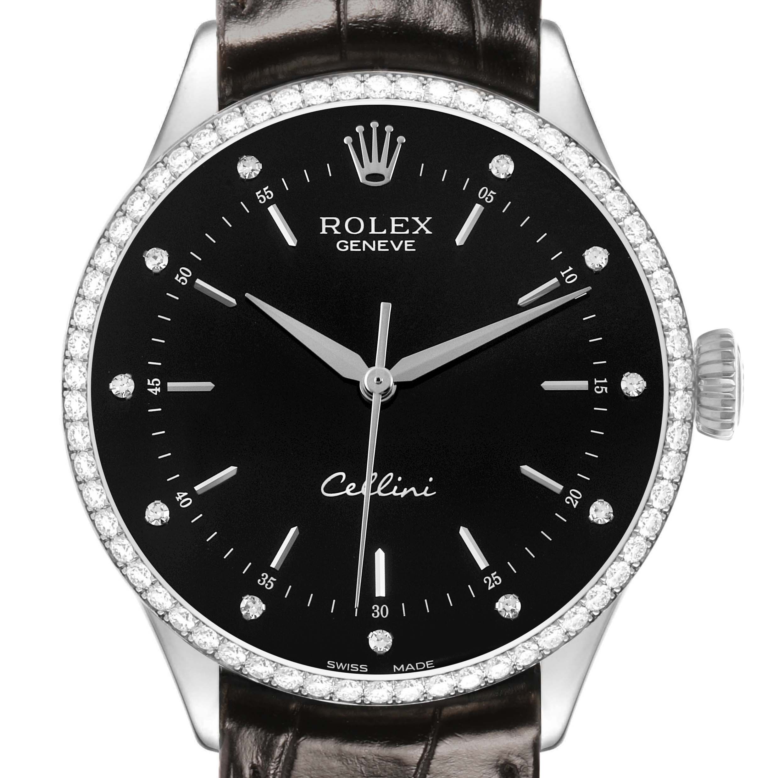 The Rolex Cellini 50709 Men's White Gold Black Dial watch is shown from the front, displaying its black dial, diamond bezel, and brown leather strap.