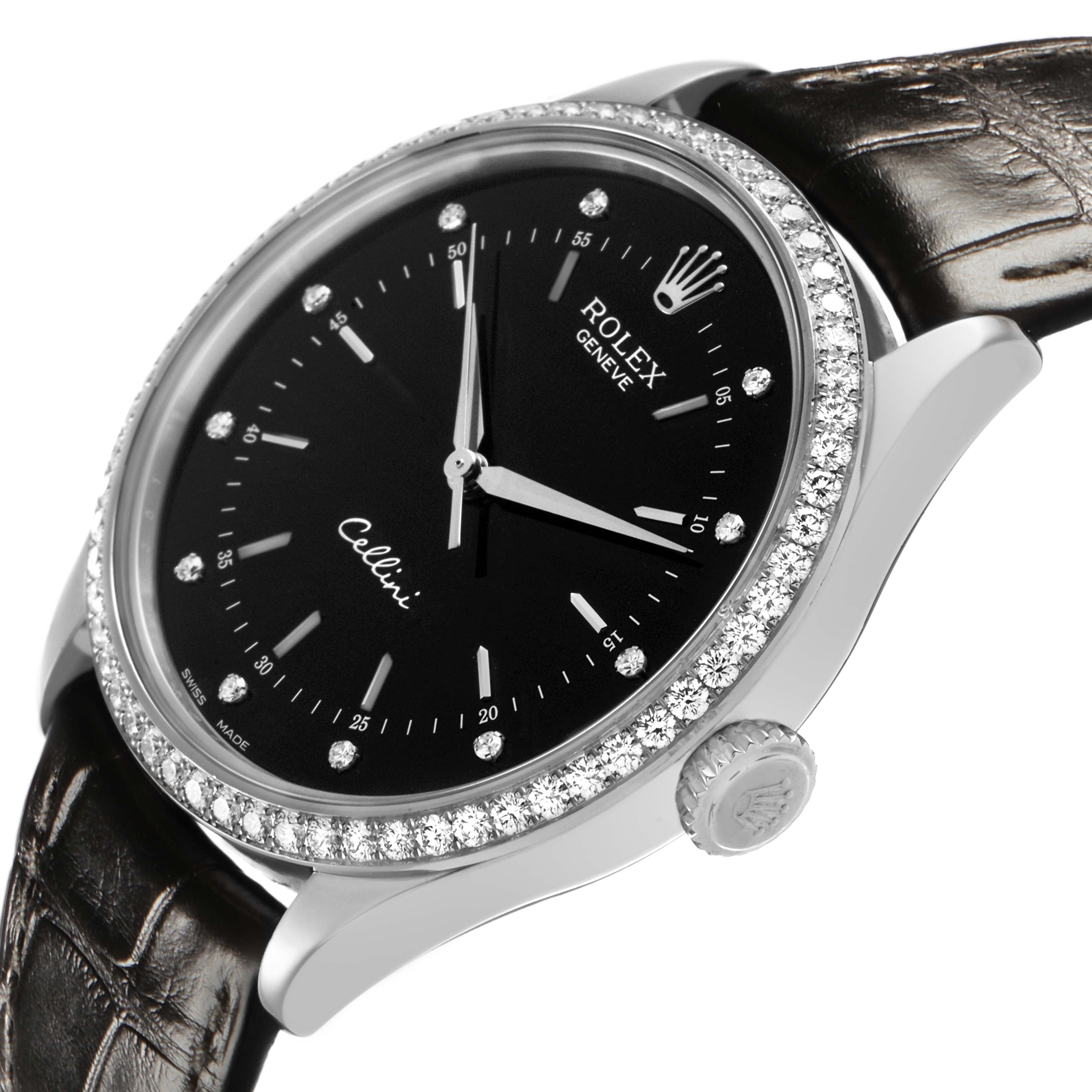 The Rolex Cellini 50709 Men's White Gold Black Dial watch is shown at a three-quarter angle, highlighting the black dial, diamond bezel, and leather strap.