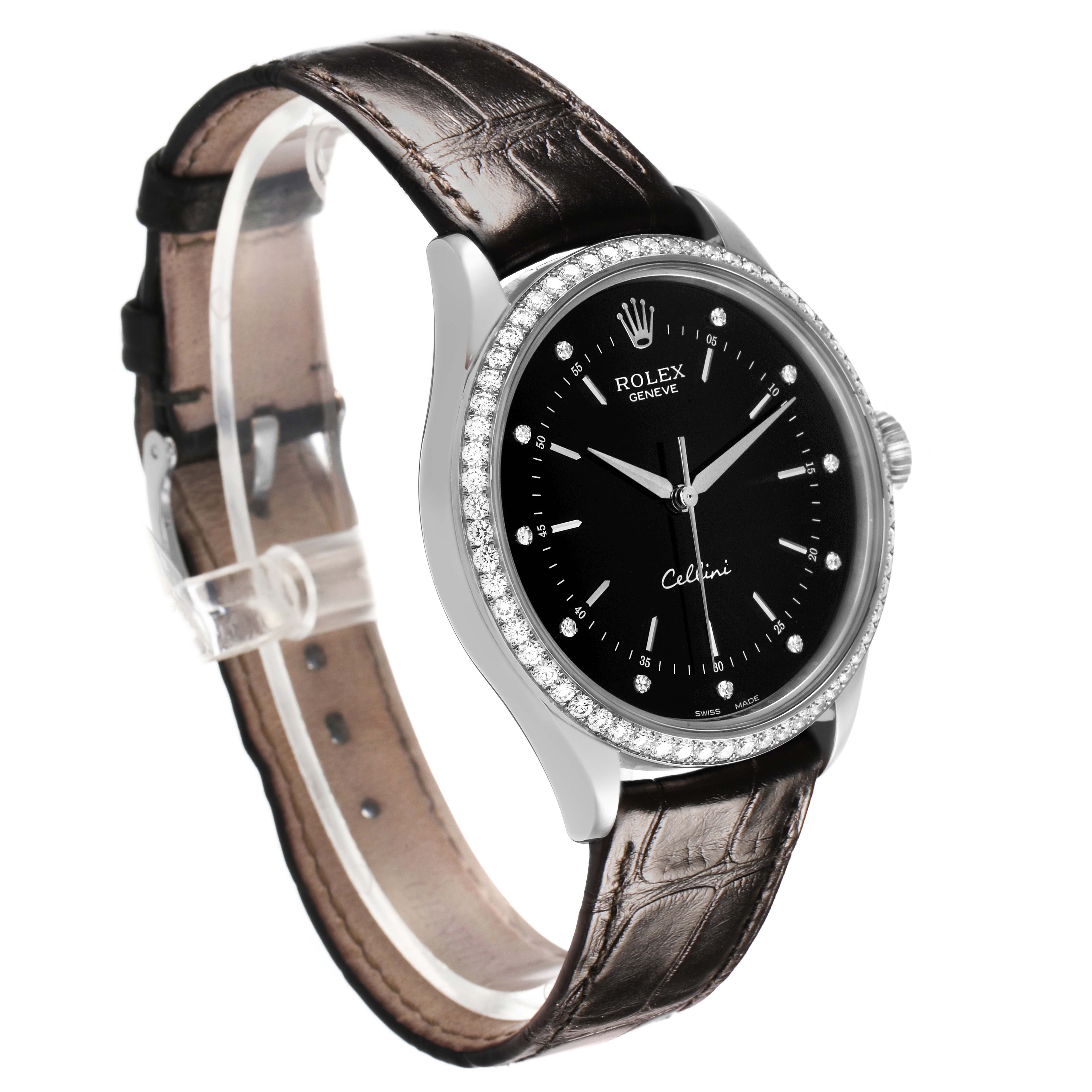 The Rolex Cellini 50709 Men's White Gold Black Dial watch is shown at a three-quarter angle, displaying the face, bezel, crown, and leather strap.
