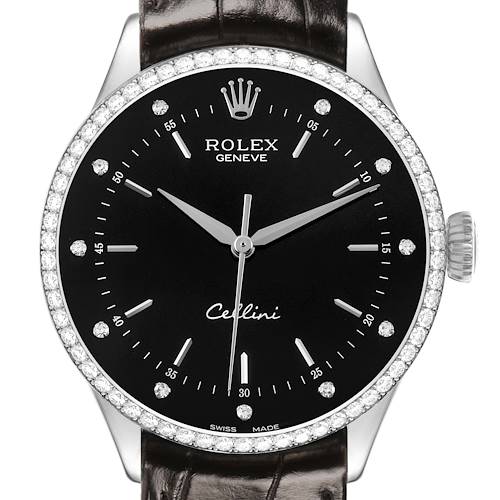 The Rolex Cellini 50709 Men's White Gold Black Dial watch is shown from the front, displaying its black dial, diamond bezel, and leather strap.