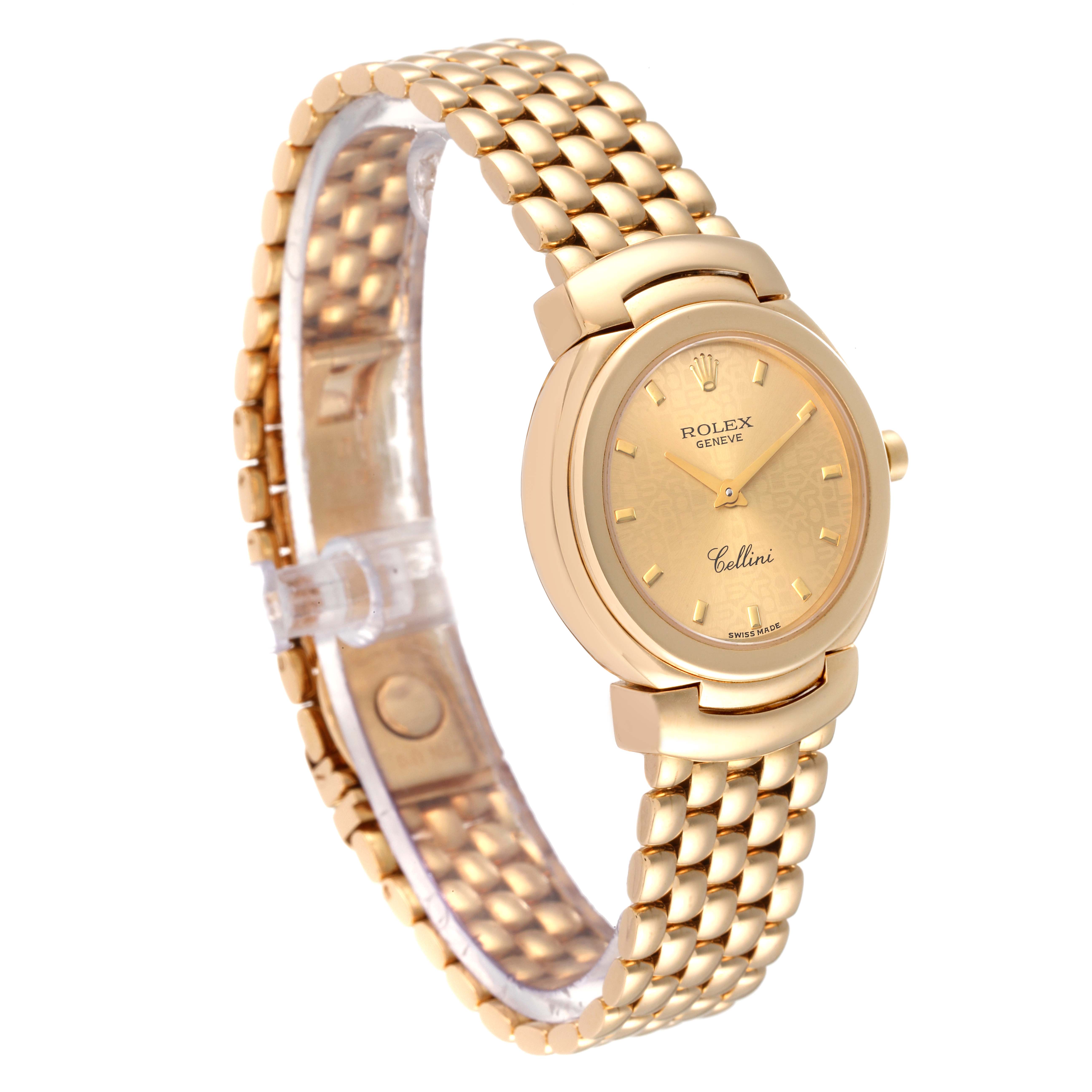 The image shows a Rolex Cellini 6621 Women's Yellow Gold Champagne Dial 6621 Women's Yellow Gold Champagne Dial watch at an angled side view, highlighting its gold case, bracelet, and dial.