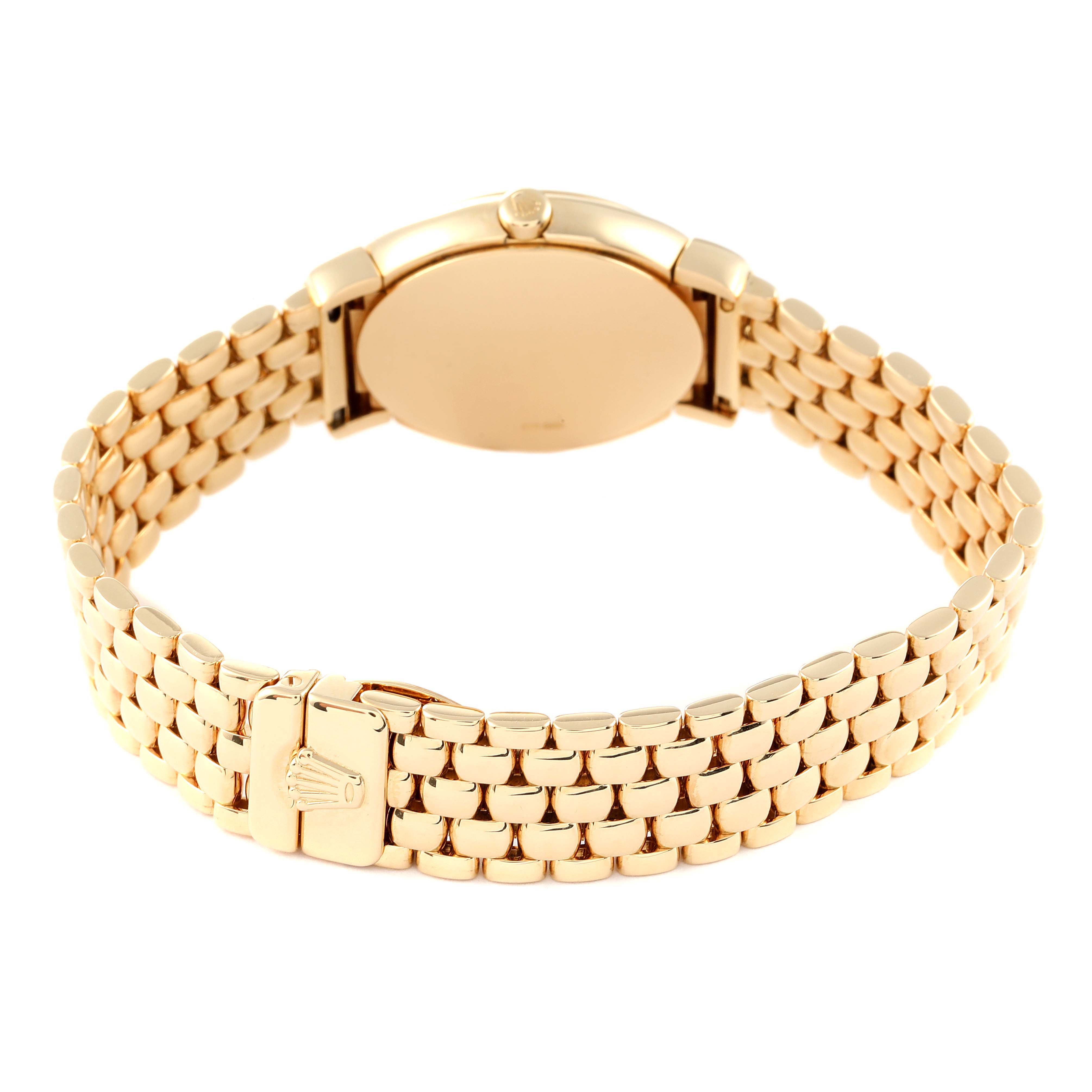 The image shows the back view of the Rolex Cellini 6621 Women's Yellow Gold Champagne Dial 6621 Women's Yellow Gold Champagne Dial watch, focusing on its gold case and bracelet with a Rolex logo clasp.