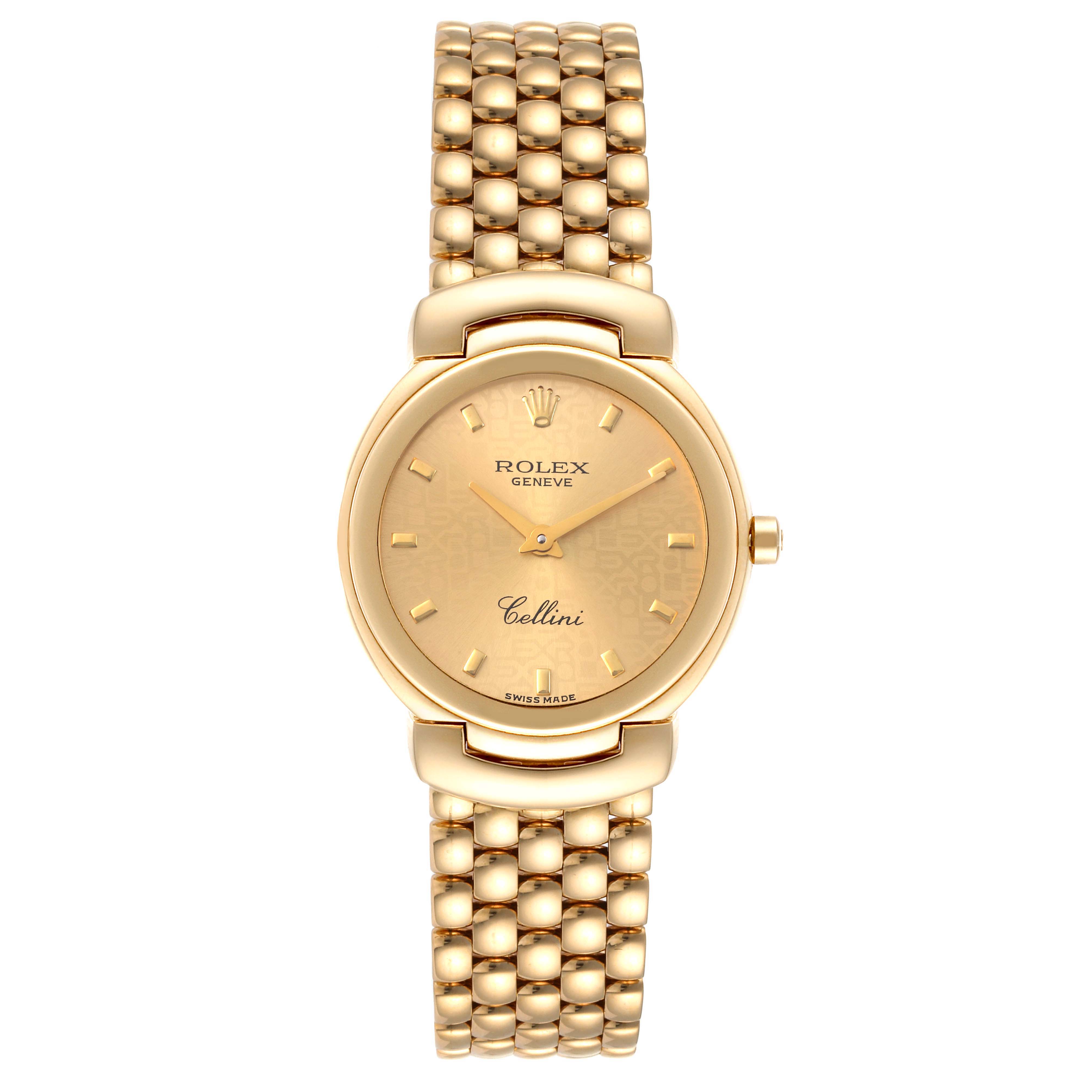 The image shows a front view of a Rolex Cellini 6621 Women's Yellow Gold Champagne Dial 6621 Women's Yellow Gold Champagne Dial watch, highlighting its gold bracelet, case, and dial.