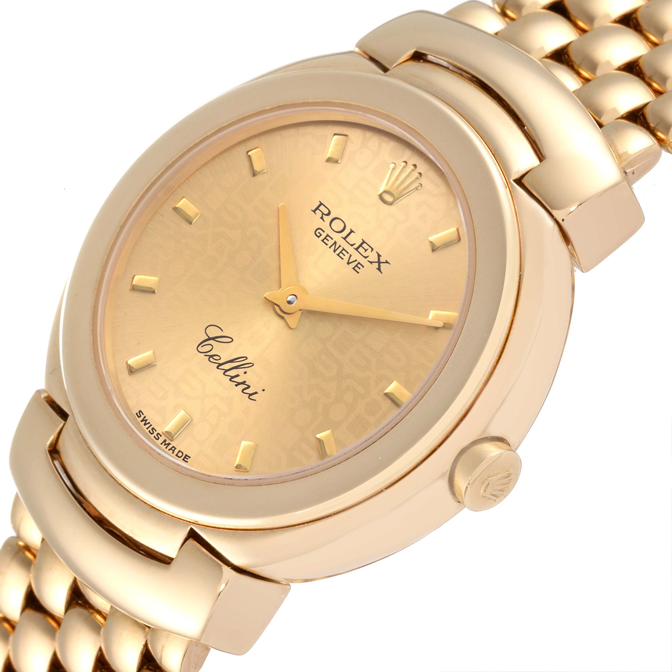 The image shows a close-up view of the Rolex Cellini 6621 Women's Yellow Gold Champagne Dial 6621 Women's Yellow Gold Champagne Dial watch, displaying the dial, crown, and part of the bracelet.