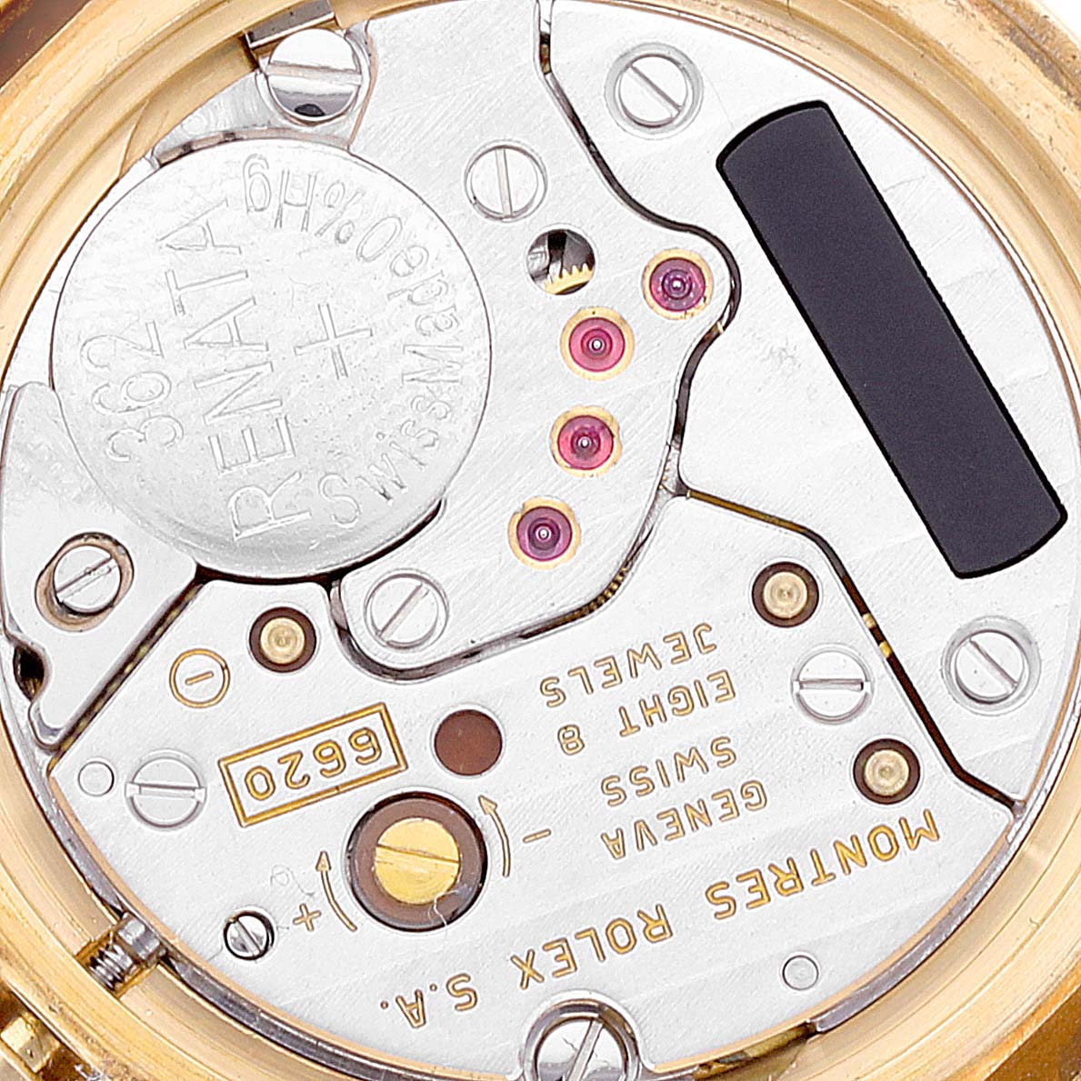 The image shows the internal mechanical parts of a Rolex Cellini 6621 Women's Yellow Gold Champagne Dial 6621 Women's Yellow Gold Champagne Dial model watch at a close angle.